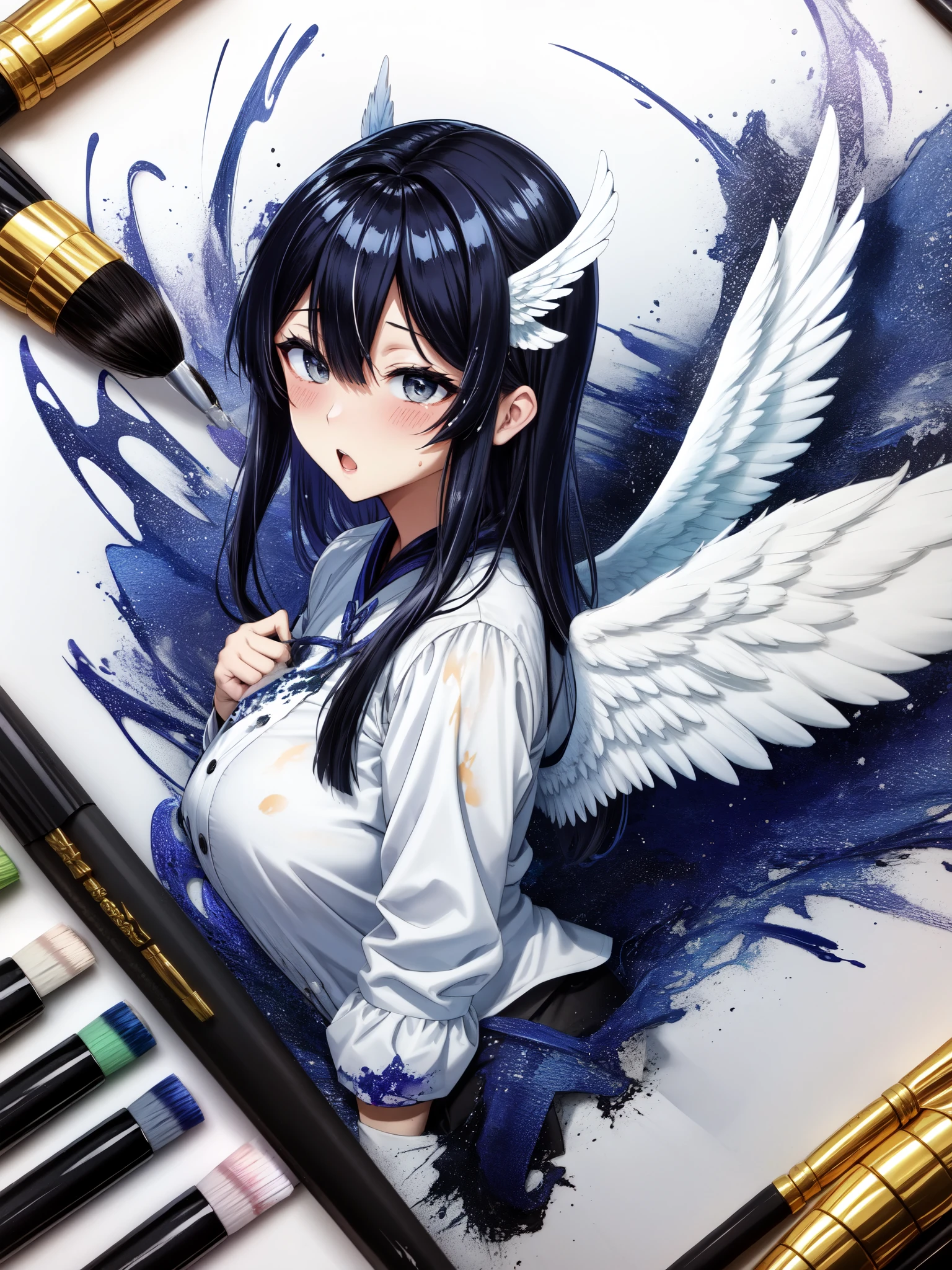 Splattered black ink、perfection、beautiful、Angel man has huge angel wings on his back、
Meticulous brushes、Freehand Splash Ink、xuer ancient style ink、、