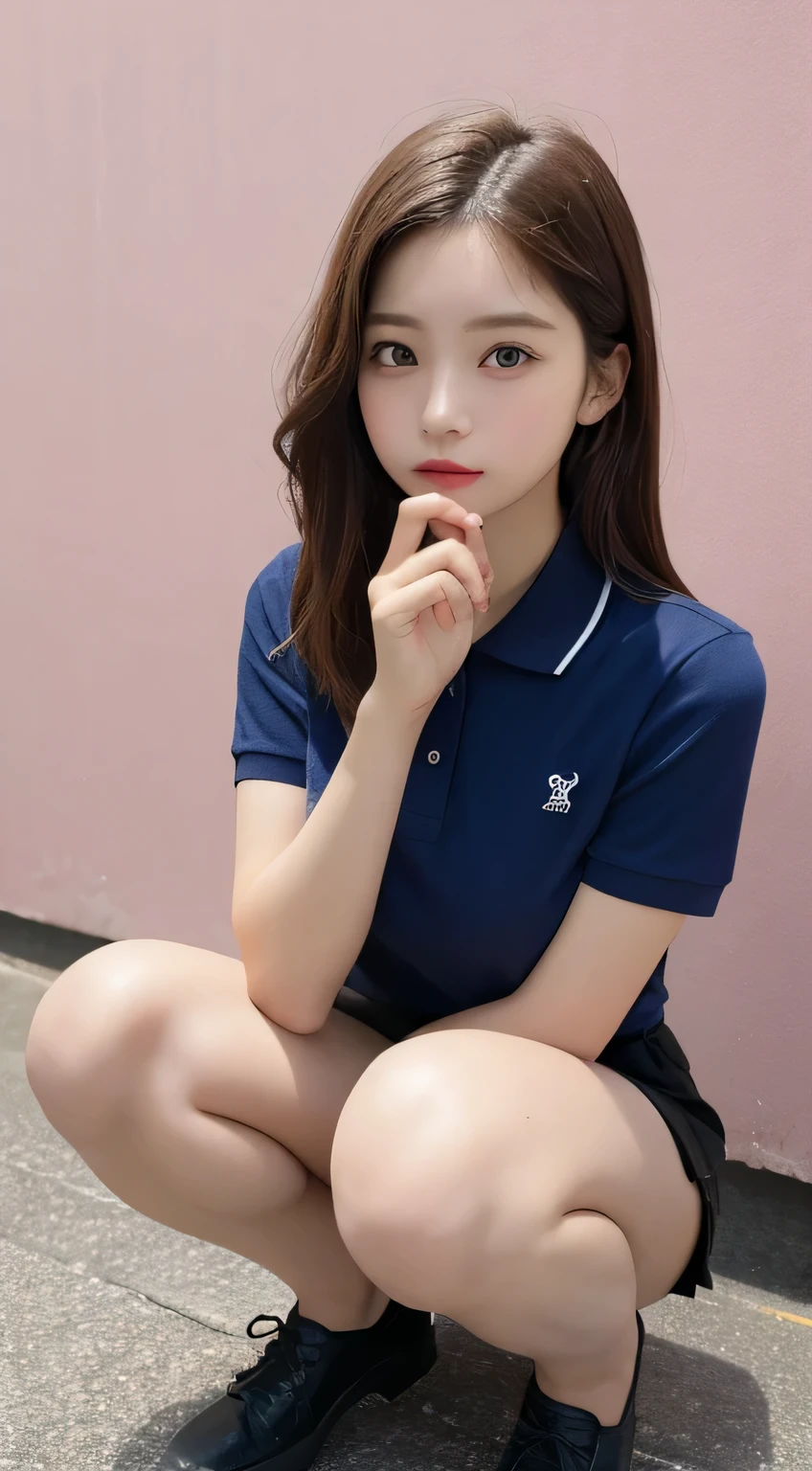 In detail,Full body photo、 High resolution, high quality、Perfect dynamic composition, Beautiful fine details, Medium Hair, 、Natural color lip,Kamimei、18-year-old girl、1 person、Clear Skin、Navy blue polo shirt、Red mini skirt、Thighs、Shiny Hair、最high quality, figure, Very detailed, In detail, High resolution, 8k、The correct state of the human body、squat、Sculpture model pose,Pink wall