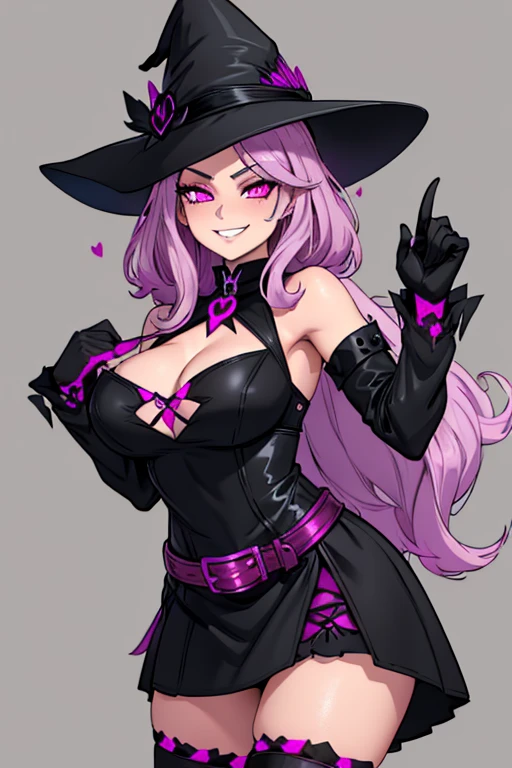 female, black long hair with magenta highlights, silver eyes, black wolf ears, black wolf tail (((1girl))), (((black witch dress with magenta trim))), (black fingerless gloves), (black witch's hat), (black belt), (magenta stockings), (black boots), cute and sexy, full body, large breasts, large butt, long legs, smiling