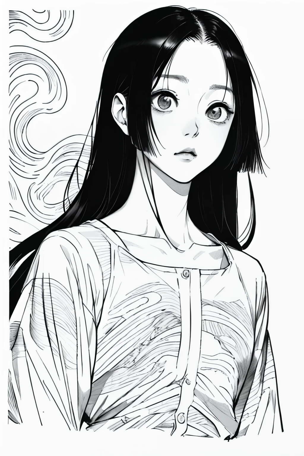 Long hair in women, black背景, sad, Expressionless, shot in the chest, Upper body close-up, rough Expressive lines, Expressive lines, dark lines, Dense lines, Strong line drawing, masterpiece, highest quality, Super quality, Very delicate and beautiful, horror manga, 白blackマンガ, black & draw with white line, Inspired by Junji Ito, Junji Ito's artistic style, Written by hand, Focus Character, Very fine,