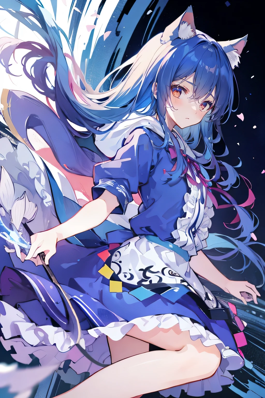 (masterpiece:1.2),Super detailed,lifelike,Expressive eyes,fair skin,perfect face shape,1 girl,
Japanese comics,Gorgeous blue hair,flowing blue hair,flowing clothes,Cat ears,Petals fall,beautiful lola,Baby Angel,
Shaking head with one hand,Cross your legs,Gentle and peaceful background,The pavilion is cool and comfortable,smile, wearing hoodie, background of tokyo,back views,snowing.