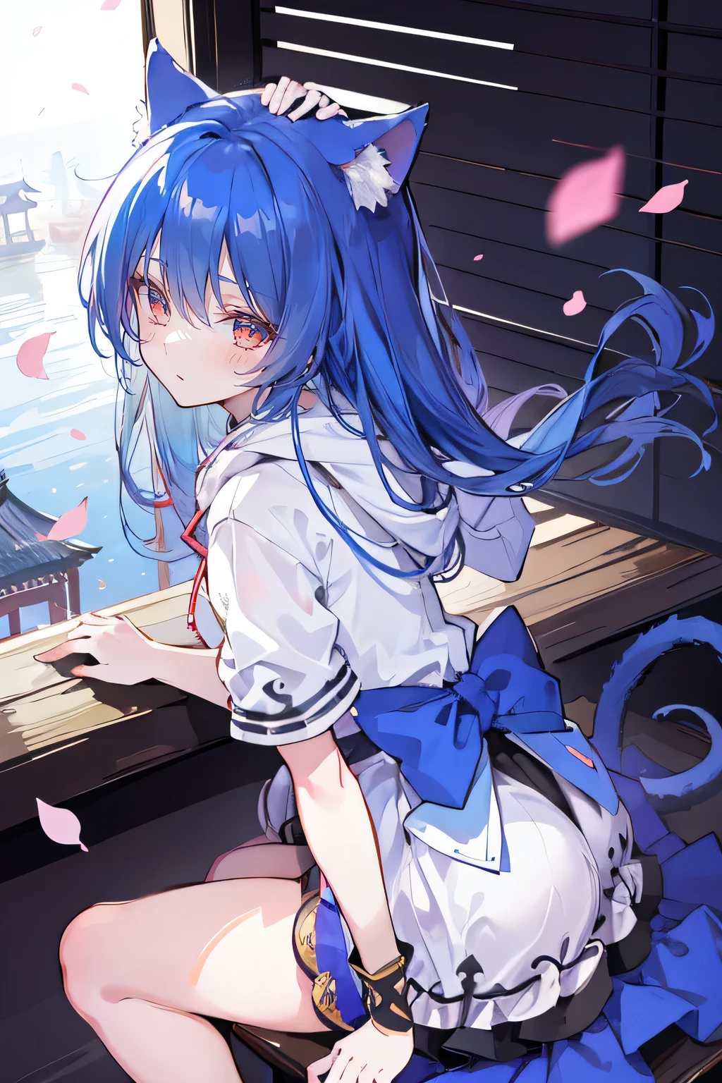 （masterpiece：1.2），Super detailed，lifelike，Expressive eyes，fair skin，perfect face shape，1 girl，
Japanese comics,Gorgeous blue hair,flowing blue hair,flowing clothes,Cat ears,Petals fall,beautiful lola,Baby Angel,
Shaking head with one hand，Cross your legs，Gentle and peaceful background，The pavilion is cool and comfortable,smile, wearing hoodie, background of tokyo,back views,snowing.
