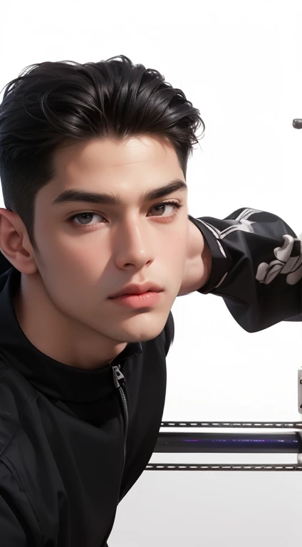 (best quality,4k,8k,highres,masterpiece:1.2),ultra-detailed,realistic,professional,(portraits,concept artists),vivid colors,sharp focus,HDR,studio lighting,(black hair:1.1),(black eyes:1.1), a man, muscualr,strong body,trained, ((wearing half sleeve black jacket)),