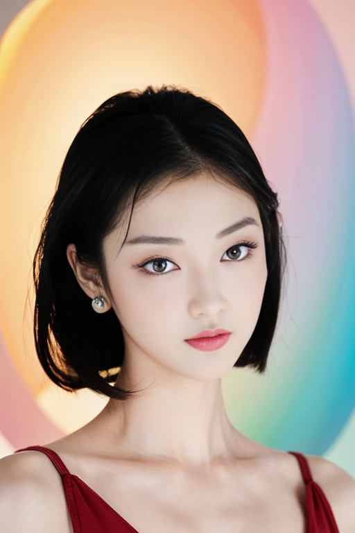 tsuruta ichiro, Narrow-eyed, 1girl in, Allback、deadpan、short-hair、shorth hair、brow、Reluctance、A dark-haired、Tucked Hair Solo, Cowgirl, Onepiece, ((mideum breasts)), Thin slit eyes、Black eyes, Light shines on the eyes、Black hair, gloves, Dress, Luxurious Jewelry, earrings, sharp eye、 elbow groves,Raise your hands and tie your hair back, random color, random color dress, Makeup for long eyes, Slender eyes、lip stick, Complex petal pattern, Rim Light, Back Light, pastel color,Studio Lighting