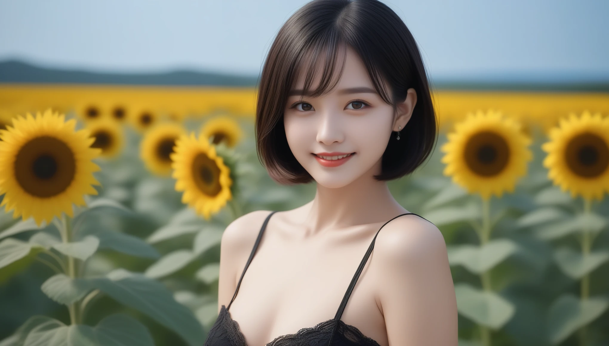 8K, Ultra-high resolution, highest quality, masterpiece, Surreal, photograph, 1 girl, (40 years old:1.3), pretty girl, Cute face, Beautiful eyes in every detail, 細かくdetailedに, Black short bob,Pencil Skirt、Summer day,Sunflower field,Sexy pose、See through 、Look at the audience、beauty,Long neck、Smile a little、Please close your mouth and laugh、(((Ideal body proportions))),A cup small breasts :2,Portraiture:2、Perfect Anatomy、Vivid details、detailed、Surreal、Light and shadow,Strong light,Fashion magazine cover,Thin lips