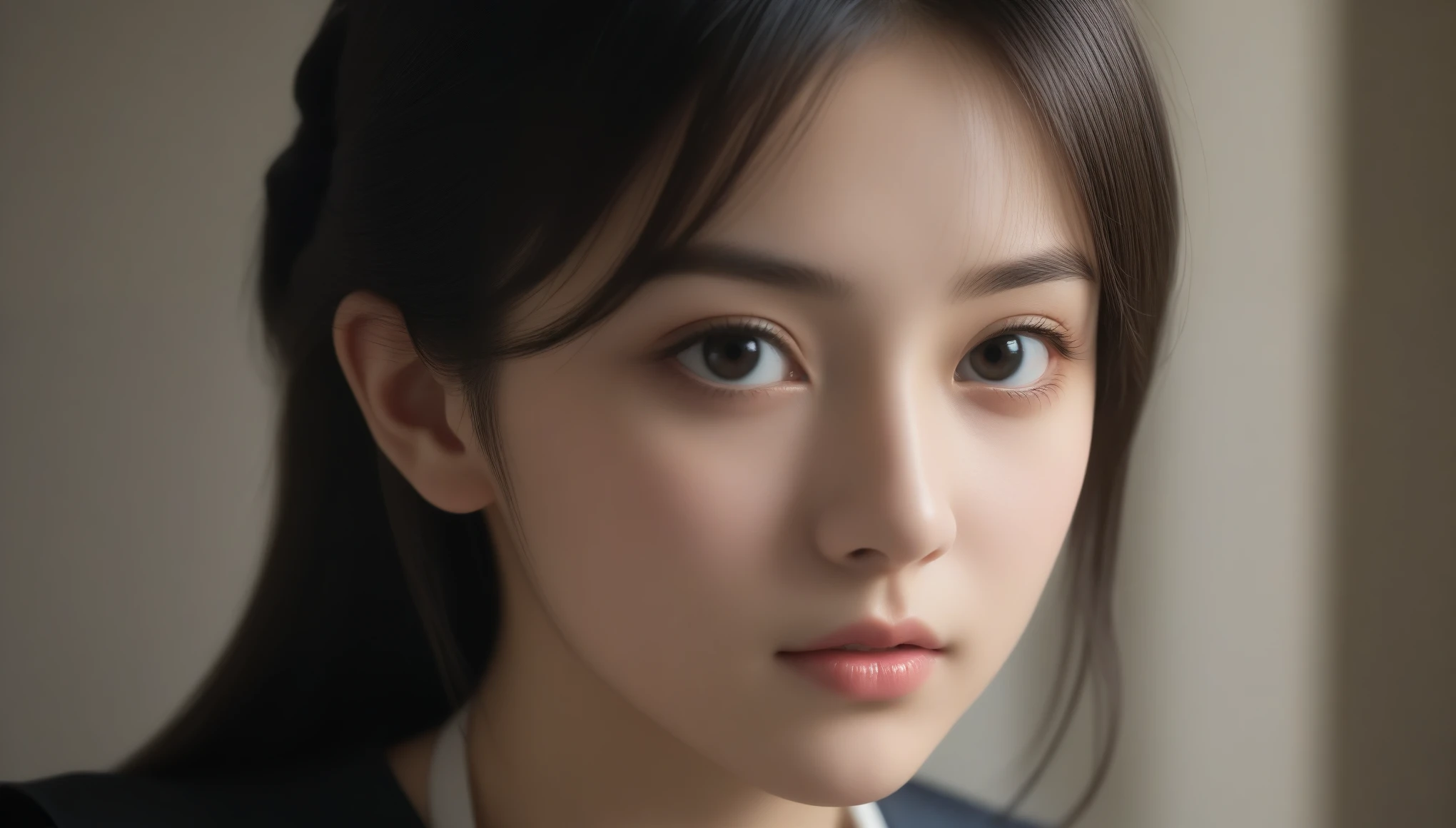 8K, 超High resolution, highest quality, masterpiece, Surreal, photograph, 1 girl, (16 years old:1.3), cute女の子, cuteface, Beautiful eyes in every detail, black silk dress、intellectual,(Gaziantep:1.5), close, masterpiece, highest quality, 生photograph, Realistic, face, Unbelievably absurd, beautiful girl, cute, Bun Hair, Depth of written boundary, High resolution, 超detailed, finely, 非常にdetailedな, 非常にdetailedな eyes and face, Sharp pupils, Realistic students, Sharp focus, Cinematic lighting、Depth of written boundary、Vivid details、detailed、Surreal、Light and shadow,Strong light,Fashion magazine cover,Thin lips
