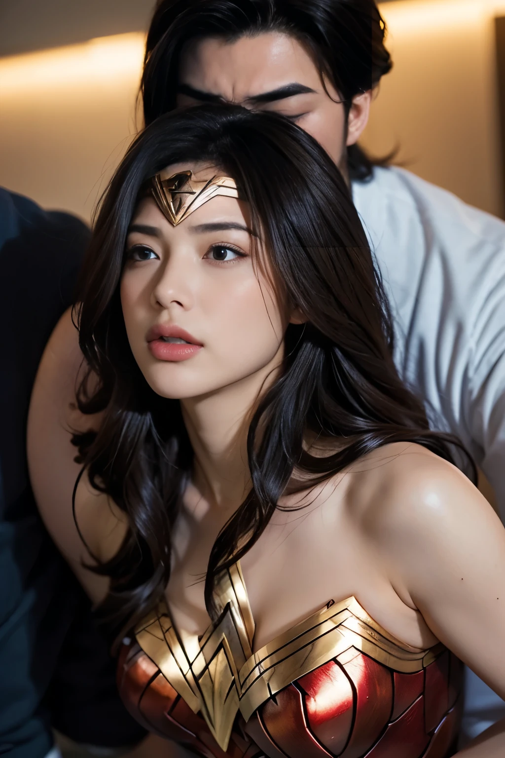 私はWonder Womanです、完璧なWonder Womanの衣装，On all fours,Hug from the front,お姫様Hugged,Hugged,Being strangled,You can hold it，Leaning on the man，Hugged，Can be lifted，Men lick my face with their tongues,The guys lick my head with their tongues,Men lick my hair with their tongues,My body is licked by men,sleeping face,Close ~ eyes,Open your mouth,Tired face,Face of Suffering,sleeping face,Being slapped in the face,Getting punched in the face,Fighting with men,Fight with the men,Surrounded by men,,Caught between the men,Being held back by men,Entanglement with males, Attacked by men,Brown Hair,  masterpiece、beautiful girl、fine 目、puffy eyes、highest quality, 超High resolution, (reality: 1.4), Cinema Lighting,so beautiful、Beautiful Skin、(超reality的な)、(High resolution)、(8k)、(Very detailed)、(beautiful and fine 目)、(Very detailed)、 Detailed face、Diagonal bangle hair、Brown Hair、20-year-old、Wonder Womanのコスプレ，Wonder Woman