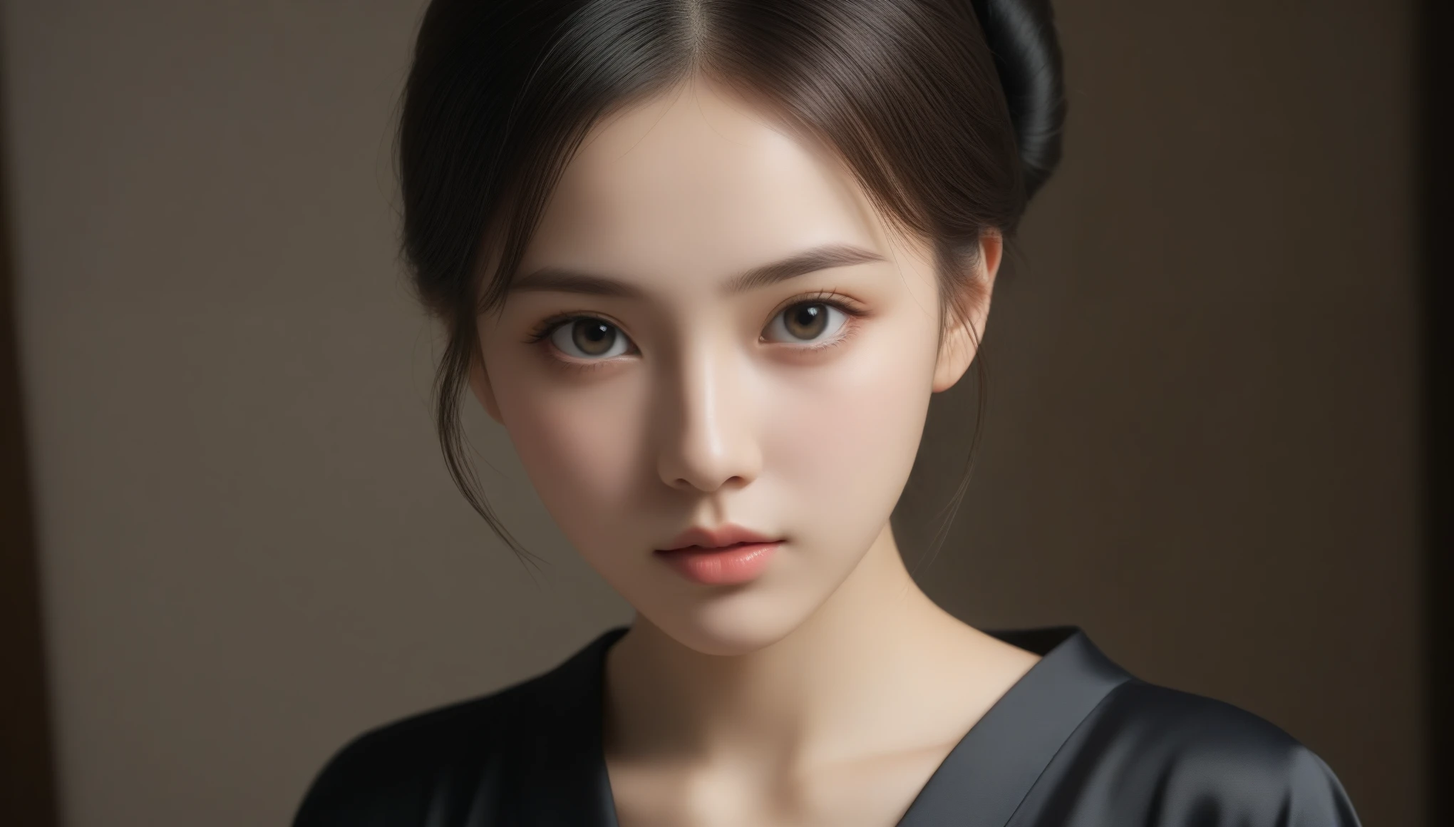 8K, 超High resolution, highest quality, masterpiece, Surreal, photograph, 1 girl, (16 years old:1.3), cute女の子, cuteface, Beautiful eyes in every detail, black silk dress、intellectual,(Gaziantep:1.5), close, masterpiece, highest quality, 生photograph, Realistic, face, Unbelievably absurd, beautiful girl, cute, Bun Hair, Depth of written boundary, High resolution, 超detailed, finely, 非常にdetailedな, 非常にdetailedな eyes and face, Sharp pupils, Realistic students, Sharp focus, Cinematic lighting、Depth of written boundary、Vivid details、detailed、Surreal、Light and shadow,Strong light,Fashion magazine cover,Thin lips
