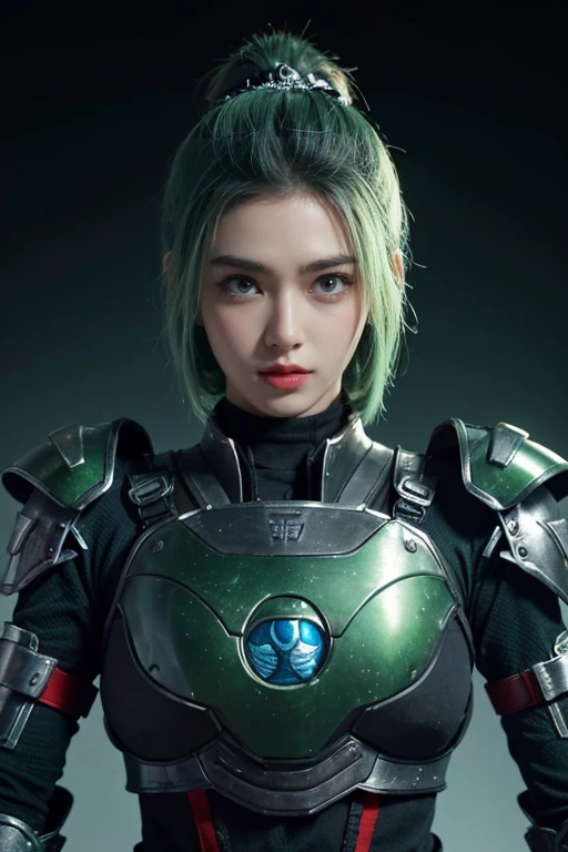 tmasterpiece,Best quality at best,A high resolution,8K,(portrait),(Close up of avatar),(RAW photogr),real photograph,(Clothing that combines ancient style with science fiction style),digital photography,s girl,18yo Girl,short detailed hair,with long bangs,Beautiful white and green gradient hair,Green eyes,iintricate,elegant and charming,The content is very detailed,Simple accessories,Metal armor,black sash,Clothing that combines technology and ancient style,Hollow armor design,Combat uniforms,Shoulder pads,cyber punk personage,binh,Photo pose,stately,metalictexture,oc render reflection texture,Gray street background