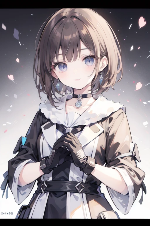 1girl, anime_coloring, black_eyes, black_gloves, brown_hair, choker, earrings, gloves, jewelry, letterboxed, parody, short_hair, smile, solo, style_parody,