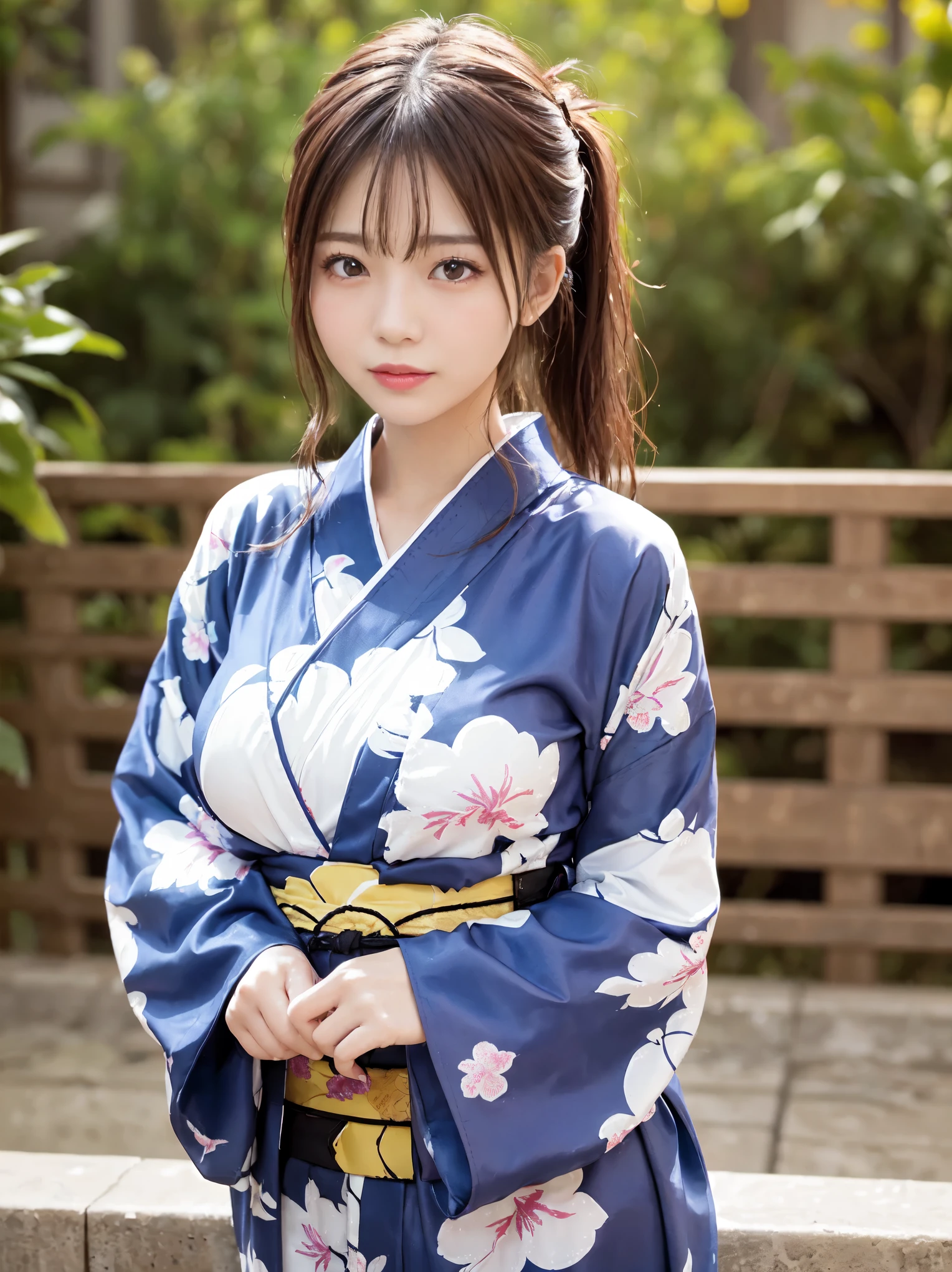 body、Japanese women、very Narrow waist、Narrow waist、((Very large breasts:1.2))、Long Hair、ponytail、Beautiful Eyes、Natural Skin、Ultra Fine Face、Perfect hands、Optimal ratio、Ultra-realistic, ((Long-sleeved yukata))、 8k, Pieces fly, Super Detail, high quality, 最high quality, High resolution、cheeks are bright red、very wet body