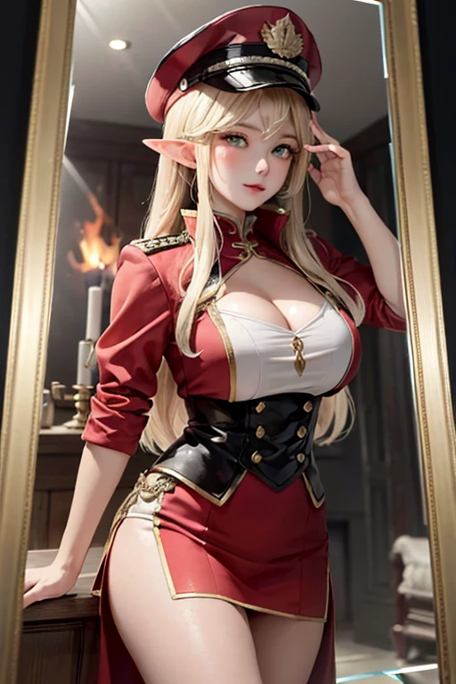 masterpiece, best quality, 8k, moralityetailed Skin Texture, Practical, moralityetailed Cloth Texture, Beautiful moralityetail Face, Intricate moralityetail, Solitary, 1 cute girl, Elf, Ultra moralityetailed, moralityetailed Hair, Long blond hair, Qi bangs, blush, No smile, (open eyes: 1.3, Green Eyes), (Eye Reflection: 1.6), (Smooth, Skin reflects light), (Slim, Fire Emblem Theme, Black and Red Garregmaq Monastery, Black and red military cap, Saluting action, Updraft), (Large Breasts (morality)),Low-cut clothing（Cleavage） thigh, Extremely gorgeous, Fire Emblem Style, Battlefield Background, moralityepth of Field, Side shot