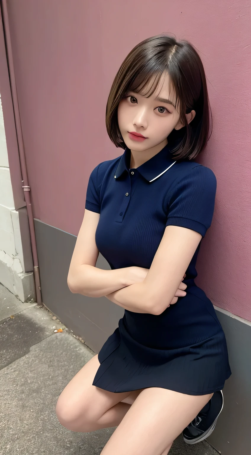 In detail,Full body photo、 High resolution, high quality、Perfect dynamic composition, Beautiful fine details, Bobcut、Natural color lip,Kamimei、17-year-old girl、1 person、Clear Skin、Navy blue polo shirt、Red mini skirt、Thighs、Shiny Hair、最high quality, figure, Very detailed, In detail, High resolution, 8k、The correct state of the human body、squat、Sculpture model pose,Pink wall