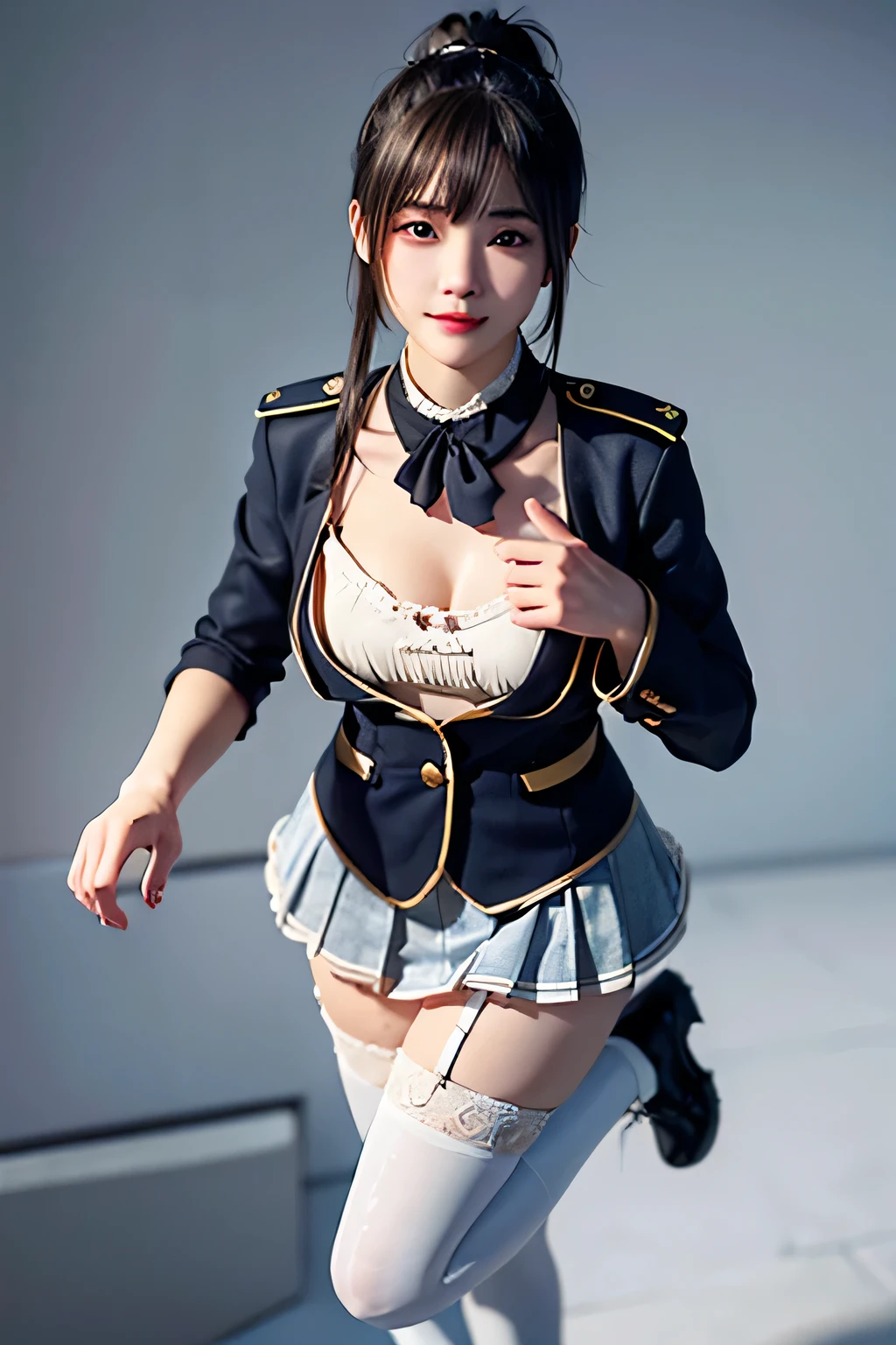 An innocent 20-year-old girl、((Police Officer Uniform, Mini Skirt, white thighhighs, Dramatic Pose)),smile, (High Ponytail),natural Park、RAW Photos, (8k、highest quality、masterpiece:1.2)、(Intricate details:1.4)、(Photorealistic:1.4)、Octane Rendering、Complex 3D rendering with ultra-detail, Studio Soft Light, Rim Light, Vivid details, Super Detail, Realistic skin texture, Detailed aspect, Beautiful details in the eyes, Highly detailed CG Unity 16k wallpaper, compensate, (Detailed Background:1.2), Glowing Skin, whole body, (thin legs), small waist, Cleavage,(Standing with hand on chest), from above