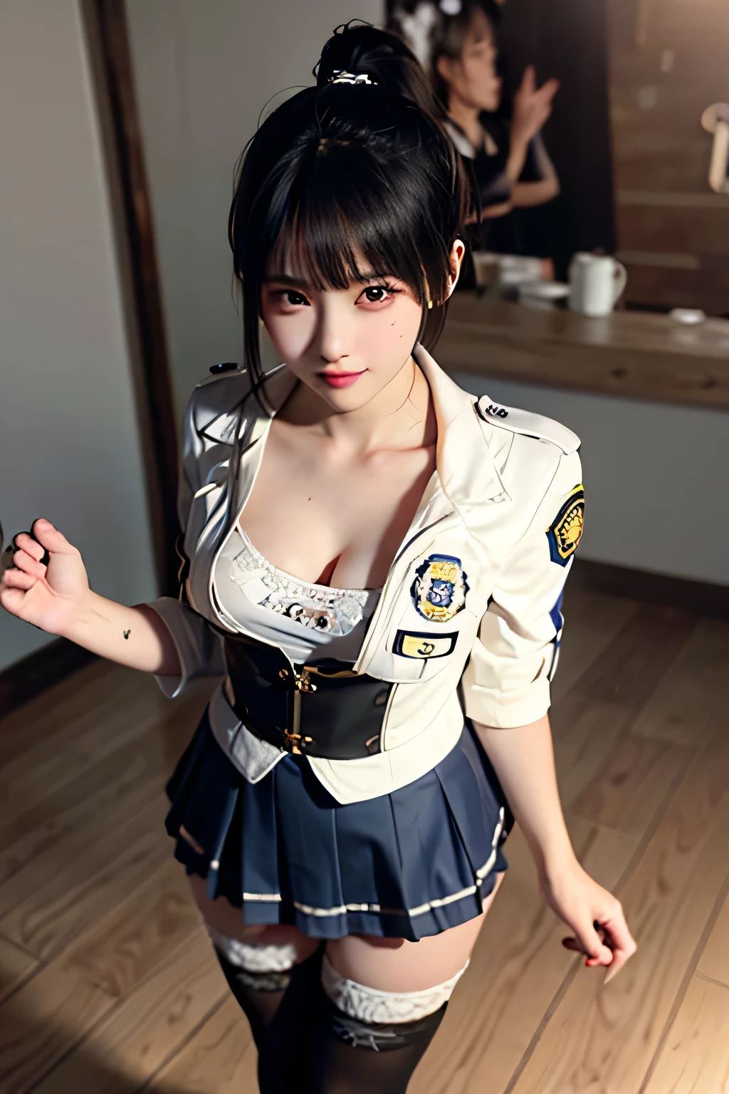 An innocent 20-year-old girl、((Police Officer Uniform, Mini Skirt, white thighhighs, Dramatic Pose)),smile, (High Ponytail),natural Park、RAW Photos, (8k、highest quality、masterpiece:1.2)、(Intricate details:1.4)、(Photorealistic:1.4)、Octane Rendering、Complex 3D rendering with ultra-detail, Studio Soft Light, Rim Light, Vivid details, Super Detail, Realistic skin texture, Detailed aspect, Beautiful details in the eyes, Highly detailed CG Unity 16k wallpaper, compensate, (Detailed Background:1.2), Glowing Skin, whole body, (thin legs), small waist, Cleavage,(Standing with hand on chest), from above