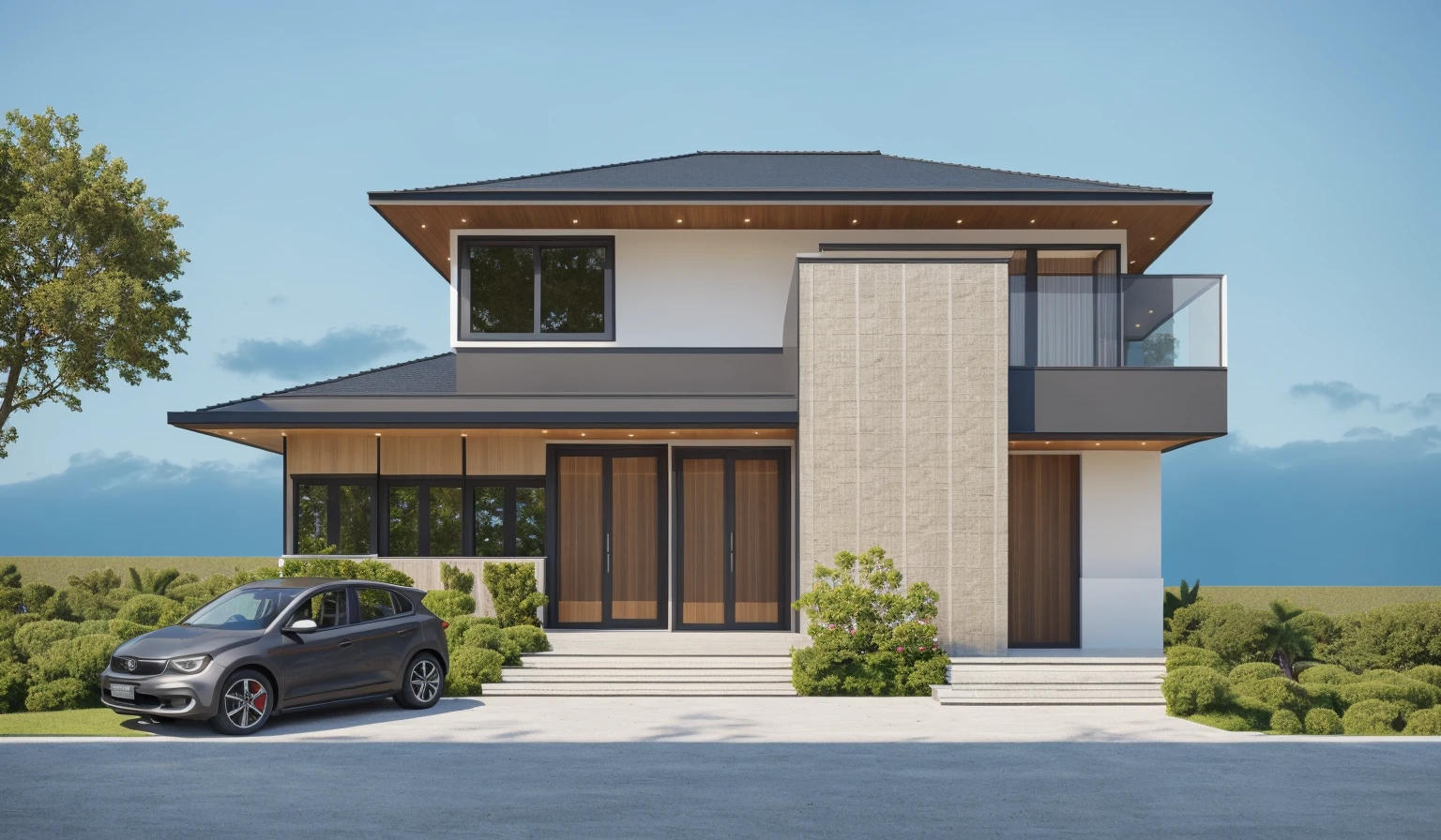 PLATFORM KTHOUSE, 1 morden villa, slope roof, main material of villa about build color wall:1.2 glass panel:1.1 and stone:1.2, 1large yard, 1 road runs in front of the house, (RAW photo, real, best quality, masterpiece:1.2), look morden minimalist, 1 road in front of the house, dynamic lighting:1.3, (hyper realistic, photo-realistic:1.2), high quality, (dark lighting:1.2), perfect lighting, archdaily, no human, light at 12 noon, light in door:1.2