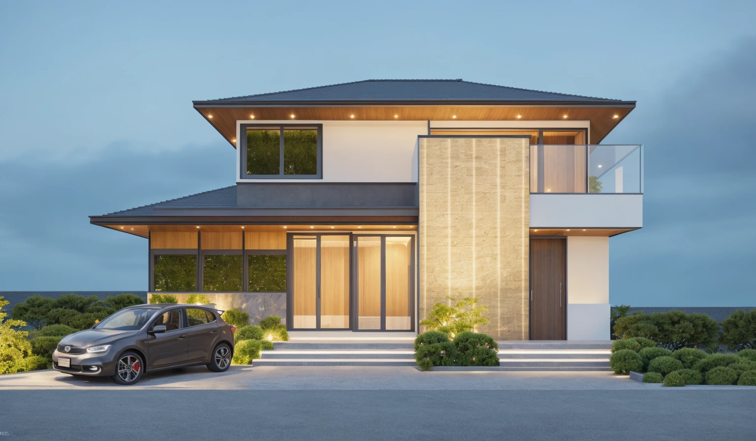 PLATFORM KTHOUSE, 1 morden villa, slope roof, main material of villa about build color wall:1.2 glass panel:1.1 and stone:1.2, 1large yard, 1 road runs in front of the house, (RAW photo, real, best quality, masterpiece:1.2), look morden minimalist, 1 road in front of the house, dynamic lighting:1.3, (hyper realistic, photo-realistic:1.2), high quality, (dark lighting:1.2), perfect lighting, archdaily, no human, light at 12 noon, light in door:1.2