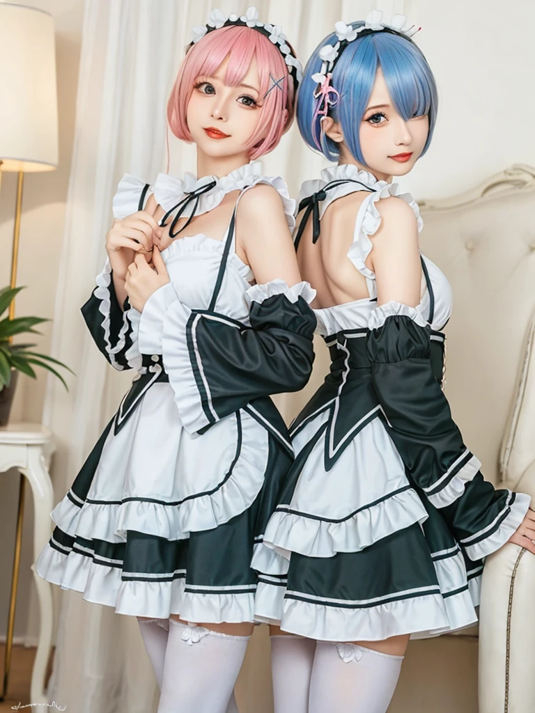 (8K, Photorealistic, Raw photo, of the highest quality: 1.3), (1girl in), Super beautiful, (Realistic face), (boyish, light blue Color Berry Shorthair),(8K, Photorealistic, Raw photo, of the highest quality: 1.3), (1girl in), Super beautiful, (Realistic face), (boyish, pink Color Berry Shorthair), Beautiful , Glare that captivates the viewer, Beautiful expression, Beautiful breasts, (Realistic skin), Be...Create a detailed and colorful image of Ram and Rem from Re:Zero, standing back-to-back in their maid outfits, with a magical fantasy background、14years old, two girls,cute, perfect face, beautiful, nice body, gothic lolita clothes, gothic lolita fashion, frilly skirt, headdress, necklace, bracelet, knee-high socks, boots, double eyelids, tear bags, Detailed down to the fingers, photo-like description, indoors, dim indoor lighting, one girl is pink hair and short bob, another girl is light blue hair and short bob,standing, whole body, composition that shows the whole body, smiling,The Both of them are wearing the same type of maid outfit