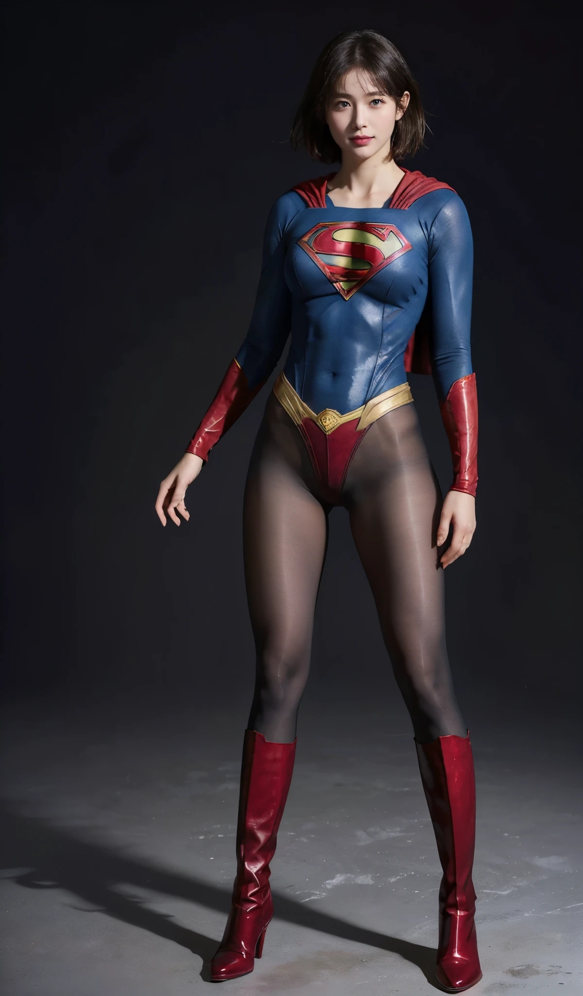 No background、(((Beautiful legs in black tights.)))、(((Legally express the beauty of your smile)))、((((Make the most of your original images)))、(((Supergirl Costume)))、(((Beautiful short bob hair)))、(((suffering)))、(((Please wear black tights....、Wear red boots)))、((Best image quality、8k))、((highest quality、8k、masterpiece:1.3))、(((Preserve background )))、Sharp focus:1.2、Beautiful woman with perfect figure:1.4、Slim Abs:1.2、Wet body:1.5、Highly detailed face and skin texture、8k