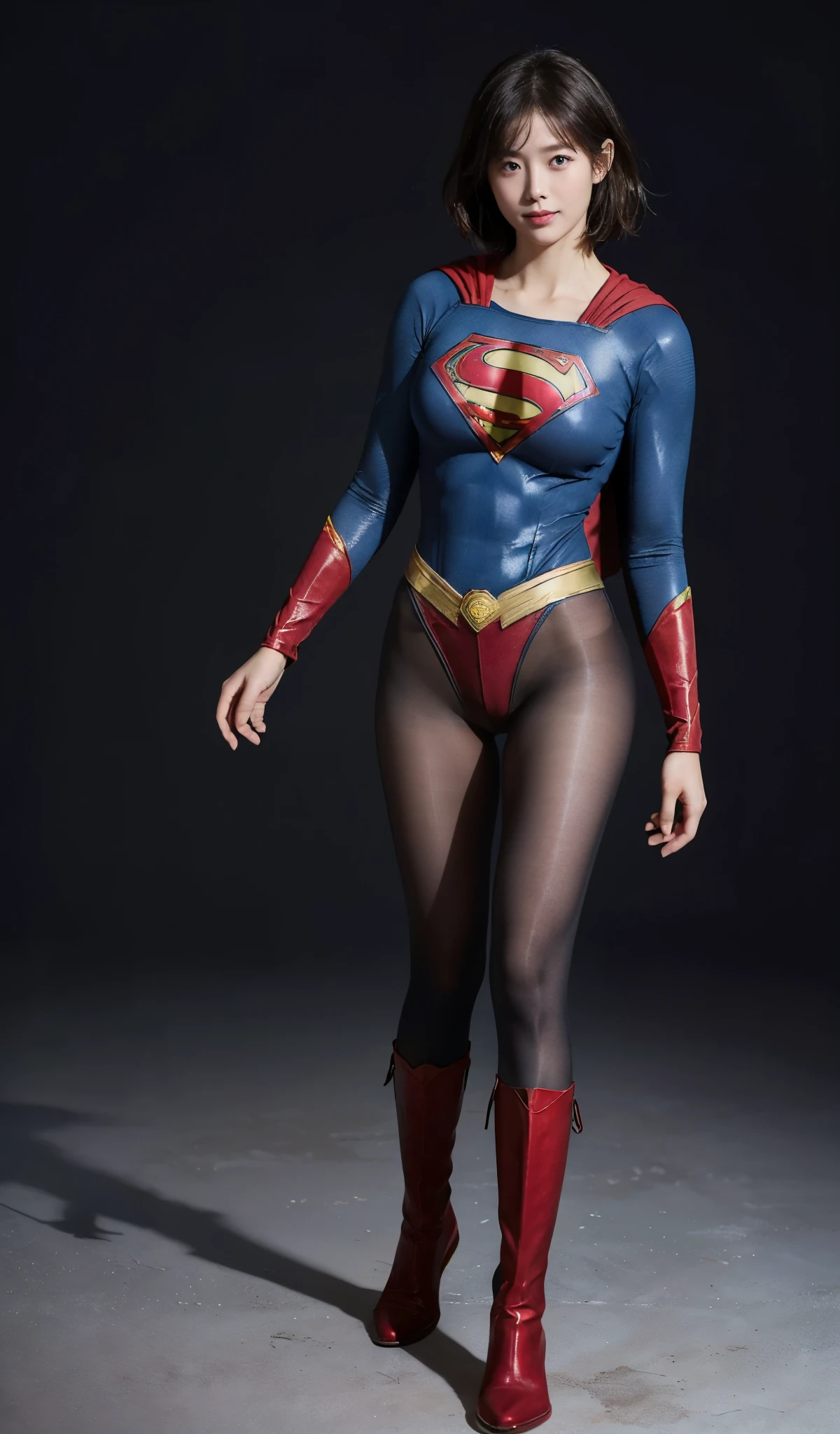 No background、(((Beautiful legs in black tights.)))、(((Legally express the beauty of your smile)))、((((Make the most of your original images)))、(((Supergirl Costume)))、(((Beautiful short bob hair)))、(((suffering)))、(((Please wear black tights....、Wear red boots)))、((Best image quality、8k))、((highest quality、8k、masterpiece:1.3))、(((Preserve background )))、Sharp focus:1.2、Beautiful woman with perfect figure:1.4、Slim Abs:1.2、Wet body:1.5、Highly detailed face and skin texture、8k