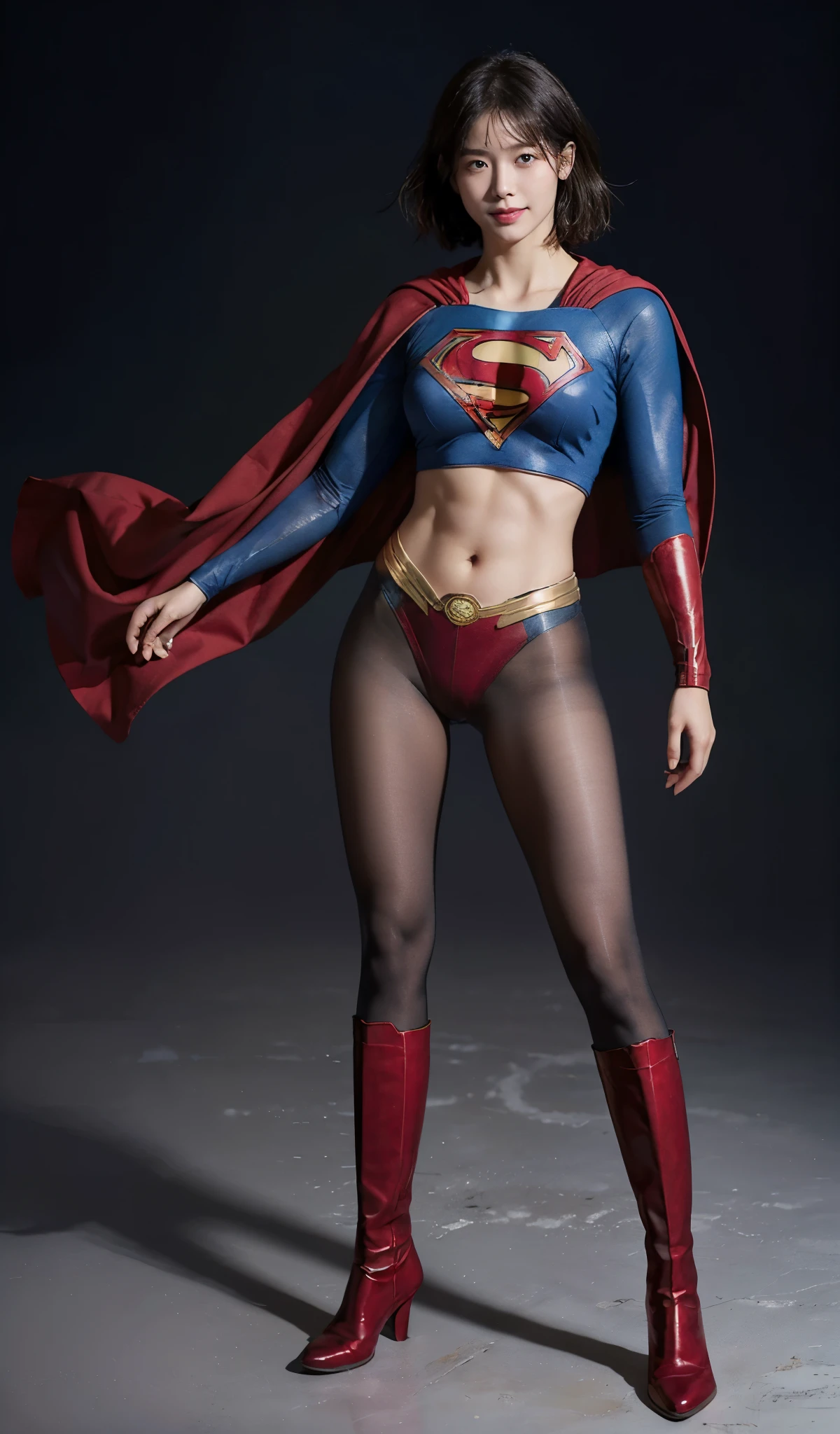 No background、(((Beautiful legs in black tights.)))、(((Legally express the beauty of your smile)))、((((Make the most of your original images)))、(((Supergirl Costume)))、(((Beautiful short bob hair)))、(((suffering)))、(((Please wear black tights....、Wear red boots)))、((Best image quality、8k))、((highest quality、8k、masterpiece:1.3))、(((Preserve background )))、Sharp focus:1.2、Beautiful woman with perfect figure:1.4、Slim Abs:1.2、Wet body:1.5、Highly detailed face and skin texture、8k