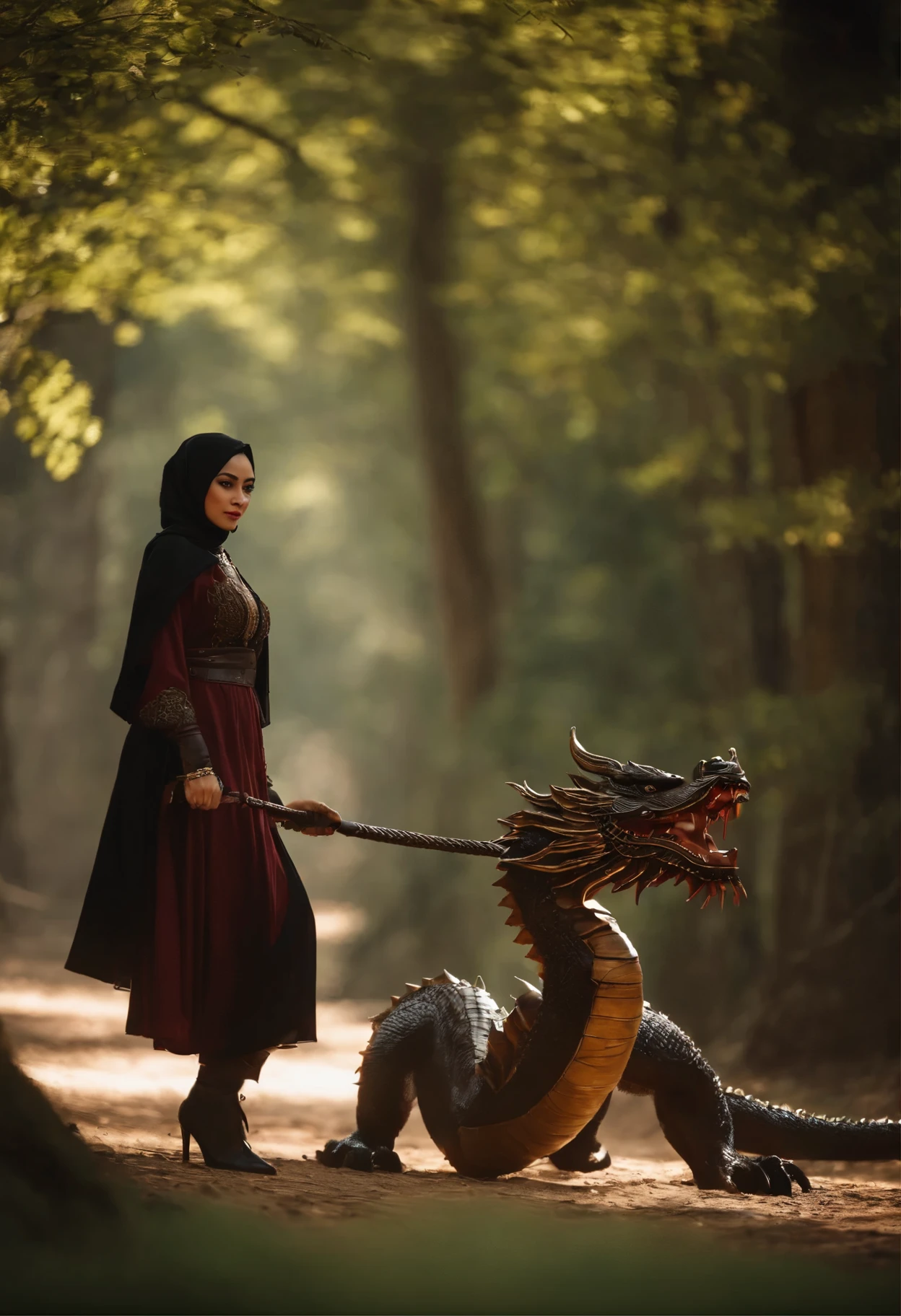 In the middle of a large ancient forest,The beautiful hijab woman has a leather whip in her hand,Wear a tight uniform,Black stockings on her legs,Wear high heels,Beauty leg length,Big chest,Riding a strong Chinese dragon, big dragon,.