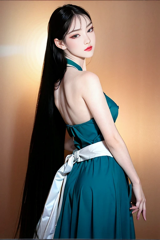 Narrow-eyed, 1girl in, Allback、deadpan、short-hair、shorth hair、brow、Reluctance、A dark-haired、Tucked Hair Solo, Cowgirl, Onepiece, ((big breasts)), Thin slit eyes、Black eyes, Light shines on the eyes, Black hair, gloves, Dress, Luxurious Jewelry, earrings, sharp eye、elbow groves, Raise your hands and tie your hair back, random color, random color dress, Makeup for long eyes, Slender eyes、lip stick, Complex petal pattern, Rim Light, Back Light, pastel color,Studio Lighting