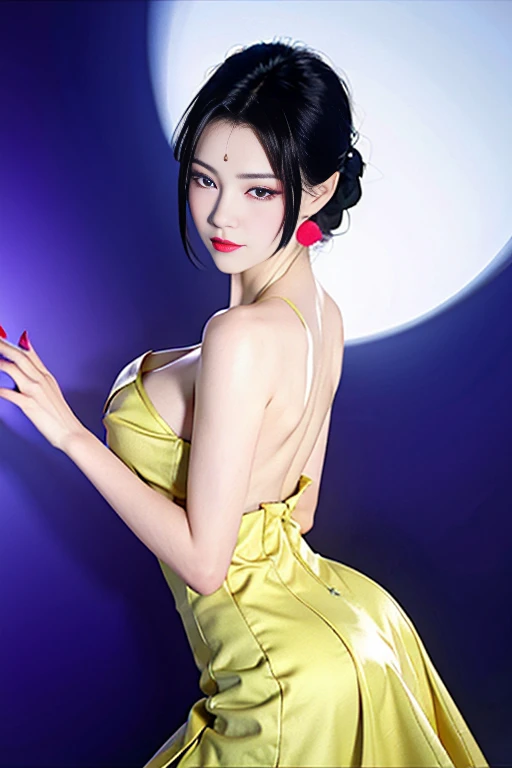Narrow-eyed, 1girl in, Allback、deadpan、short-hair、shorth hair、brow、Reluctance、A dark-haired、Tucked Hair Solo, Cowgirl, Onepiece, ((big breasts)), Thin slit eyes、Black eyes, Light shines on the eyes, Black hair, gloves, Dress, Luxurious Jewelry, earrings, sharp eye、elbow groves, Raise your hands and tie your hair back, random color, random color dress, Makeup for long eyes, Slender eyes、lip stick, Complex petal pattern, Rim Light, Back Light, pastel color,Studio Lighting
