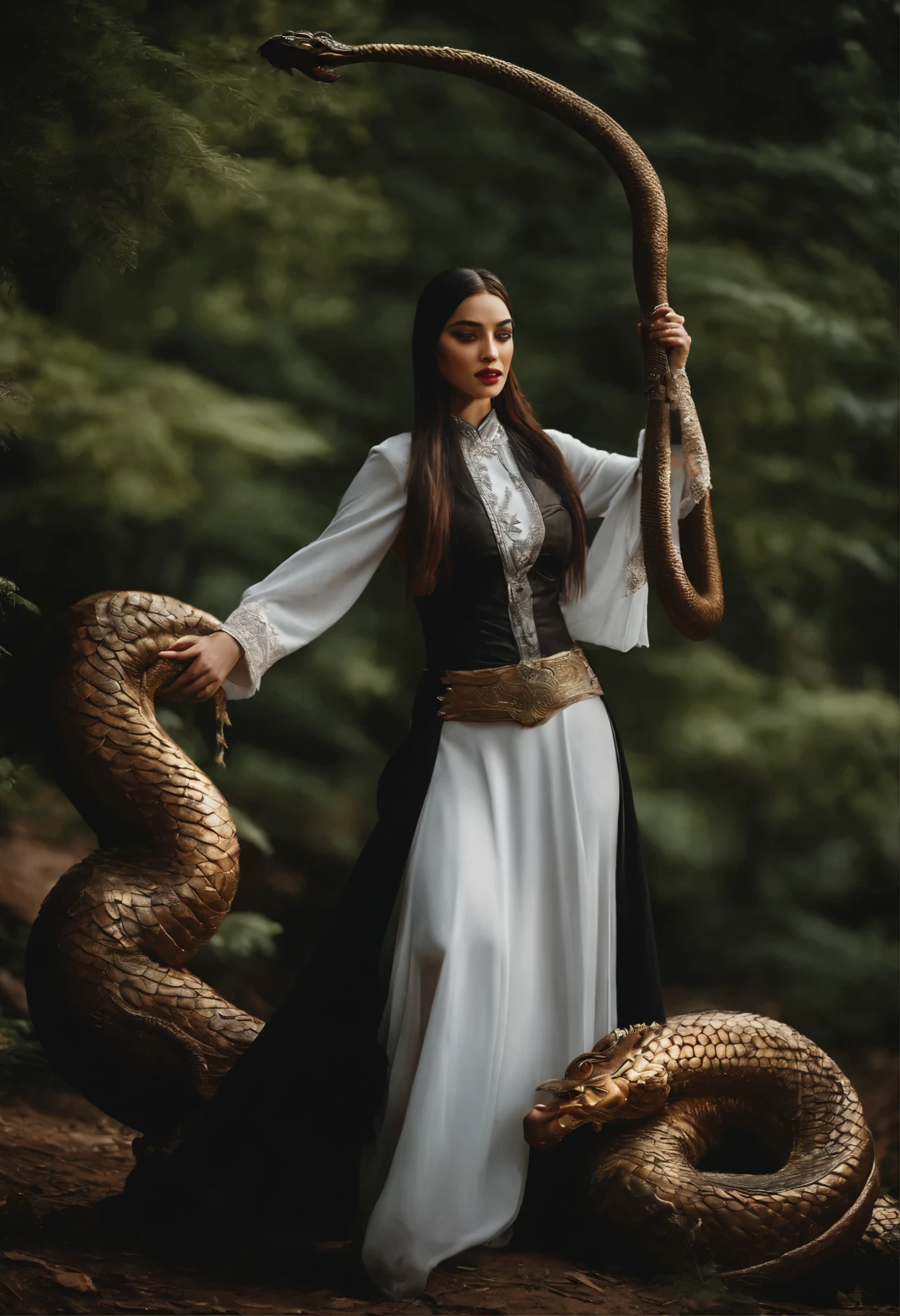 In the middle of a large ancient forest,The beautiful hijab woman has a leather whip in her hand,Wear a tight uniform,Black stockings on her legs,Wear high heels,Beauty leg length,Big chest,Riding a strong Chinese dragon, big dragon,.