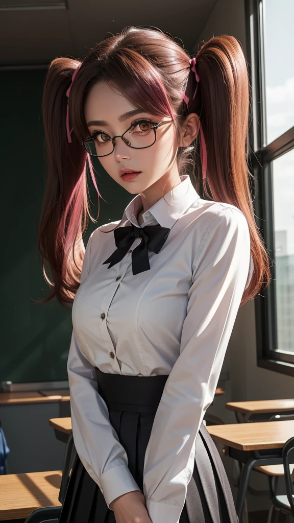 1girl,sayatakagi, saya takagi, long hair, ribbon, twintails, (brown eyes:1.5), hair ribbon, pink hair, glasses,
BREAK skirt, shirt, , white shirt, pleated skirt, collared shirt, sweater, grey skirt, ribbon, red ribbon, black sweater,
BREAK looking at viewer,standing,leaning forward, arms behind back,angry, pov,
BREAK indoors, classroom,
BREAK (masterpiece:1.2), best quality, high resolution, unity 8k wallpaper, (illustration:0.8), (beautiful detailed eyes:1.6), extremely detailed face, perfect lighting, extremely detailed CG, (perfect hands, perfect anatomy),