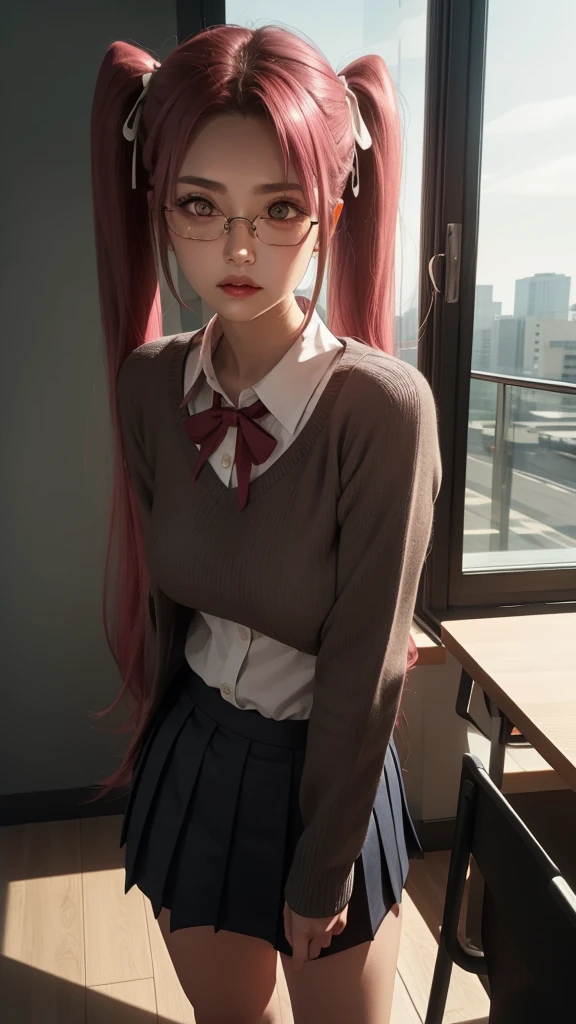 1girl,sayatakagi, saya takagi, long hair, ribbon, twintails, (brown eyes:1.5), hair ribbon, pink hair, glasses,
BREAK skirt, shirt, , white shirt, pleated skirt, collared shirt, sweater, grey skirt, ribbon, red ribbon, black sweater,
BREAK looking at viewer,standing,leaning forward, arms behind back,angry, pov,
BREAK indoors, classroom,
BREAK (masterpiece:1.2), best quality, high resolution, unity 8k wallpaper, (illustration:0.8), (beautiful detailed eyes:1.6), extremely detailed face, perfect lighting, extremely detailed CG, (perfect hands, perfect anatomy),