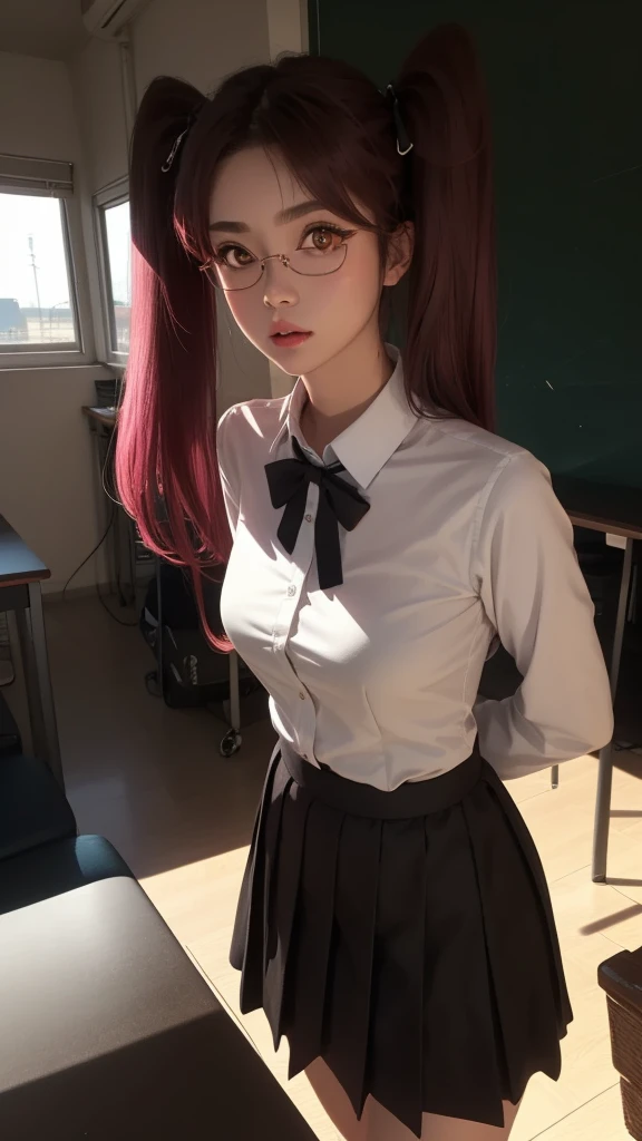 1girl,sayatakagi, saya takagi, long hair, ribbon, twintails, (brown eyes:1.5), hair ribbon, pink hair, glasses,
BREAK skirt, shirt, , white shirt, pleated skirt, collared shirt, sweater, grey skirt, ribbon, red ribbon, black sweater,
BREAK looking at viewer,standing,leaning forward, arms behind back,angry, pov,
BREAK indoors, classroom,
BREAK (masterpiece:1.2), best quality, high resolution, unity 8k wallpaper, (illustration:0.8), (beautiful detailed eyes:1.6), extremely detailed face, perfect lighting, extremely detailed CG, (perfect hands, perfect anatomy),