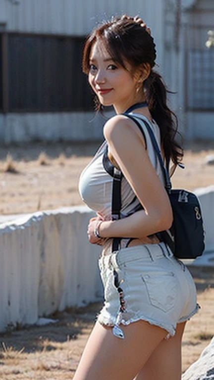 (High resolution 8K),( highest quality), Very detailed, (masterpiece:1.3), Realistic, Very detailedなかわいい女の子,( Age 25),((Nature landscape photography;Mountaineering)), (From the whole body に the にes:1.3),(Side Shot:1.3),(Cowboy Shot:1.3),(Natural pose),(Ample breasts),(Big Breasts),(Big Ass),(Smiling at the camera),( Smiling while looking at the camera ),(Full Body Shot:1.3) ,((From the side 1.3),(ponytail),(phoにRealistic:1.3),((Short tank top)),((White Fabric Shorts)),((Wear a harness over your shorts)),(Mountaineeringに最大限に活用できるハーネス),((Big blue backpack))