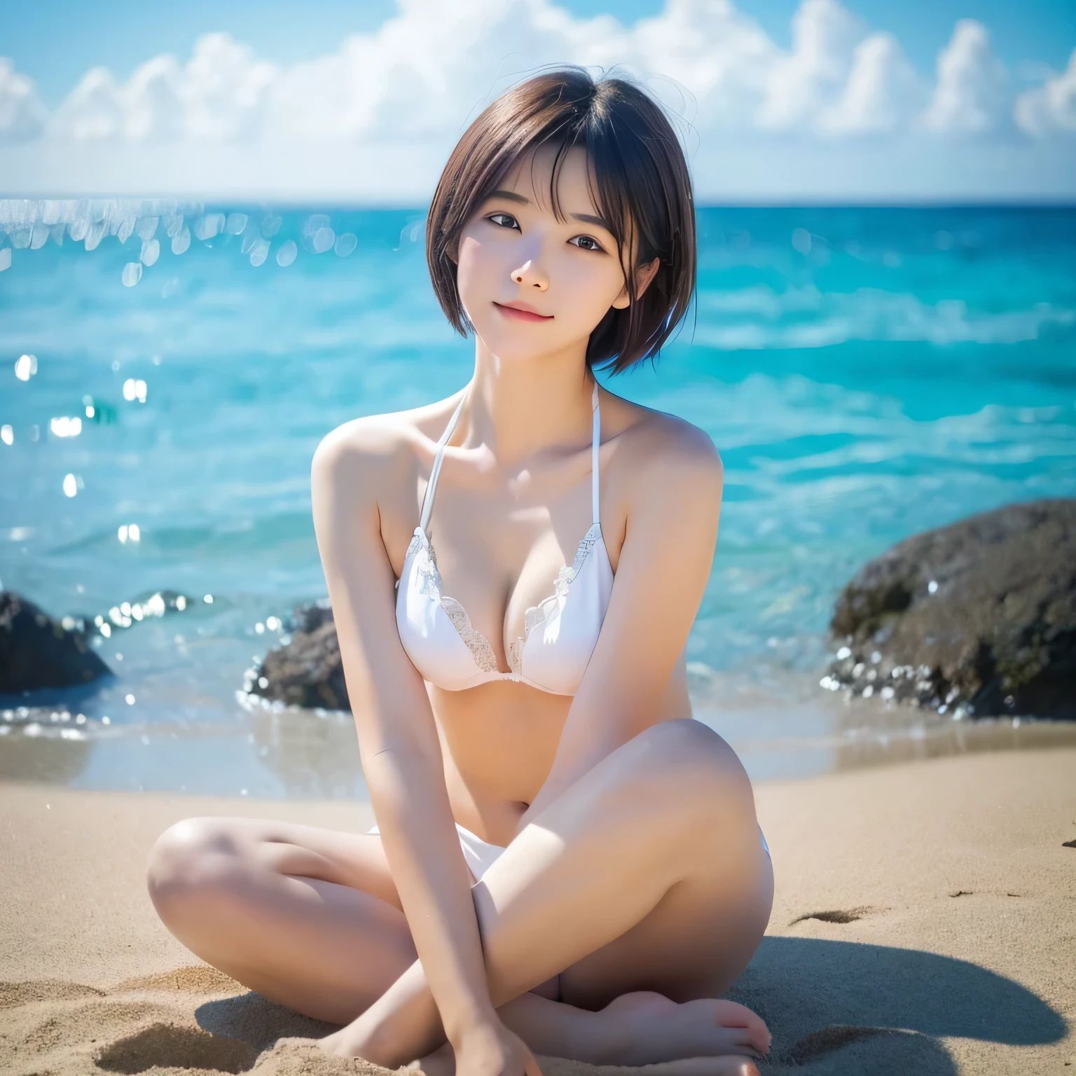 The characters depicted in this image are、High-quality and realistic 3D rendering、Very delicate and detailed。She is a young woman、She has soft-looking short hair.、Her hair color is light brown.。The expression is calm and、Eyes are large、Has a gentle expression。

As a costume、She is wearing a simple white bikini.、Gives a clean and refreshing feeling。The character is sitting on the beach、The blue sea and sky spread out in the background.。This setting is、It creates a relaxed atmosphere reminiscent of summer and vacation.。

Overall、This image beautifully captures a tranquil moment on a quiet beach.、The soft beauty of the characters stands out.。