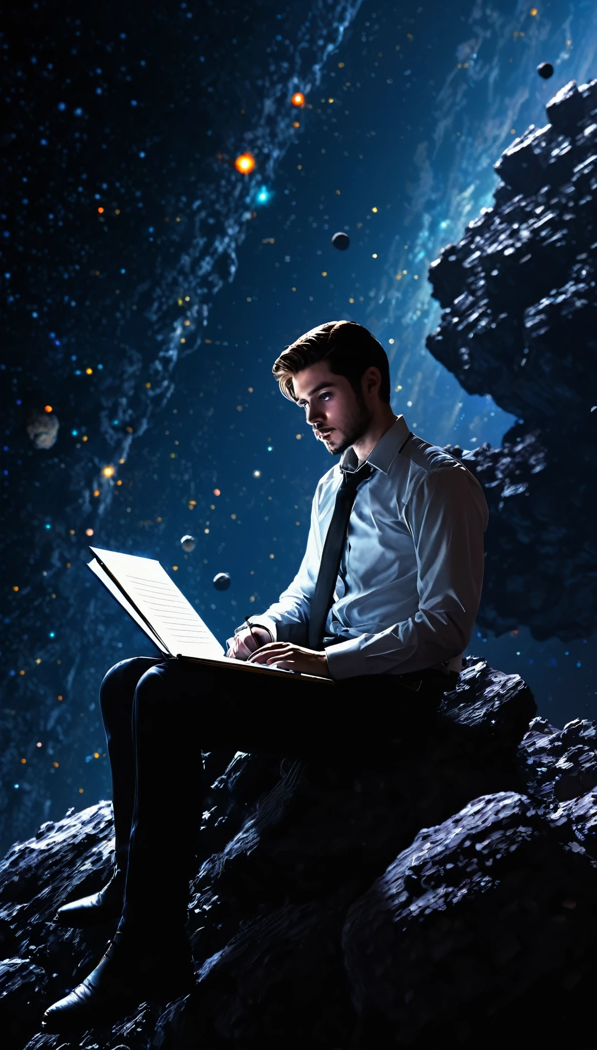 Draw a young programmer, sitting on a research platform floating in the middle of an asteroid belt. He is studying with a notebook, surrounded by several asteroids glowing with fiery auras. Dramatic lighting from distant stars and planets illuminates the scene, casting deep shadows on the suit. The young man looks confident and determined, looking at the vast and mysterious universe with wonder and respect,facial hair, cowboy shot,