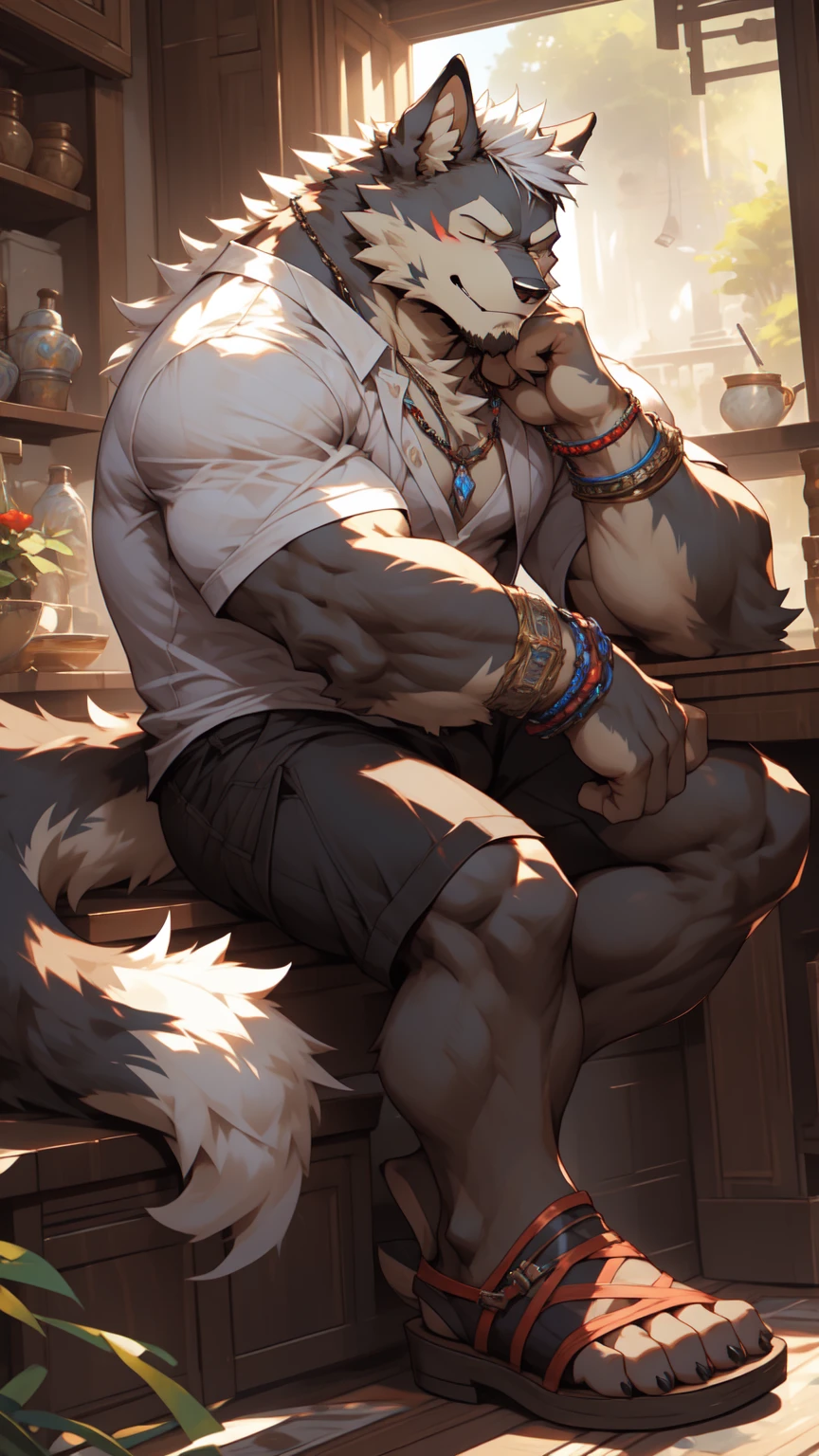 furry,male,werewolf,muscle,White hair,White body,With eyes closed,Fluffy long tail,Wears a white short-sleeved shirt,Shirt is open, exposing chest and abdomen,Khaki shorts,Wearing a bracelet on the wrist(Knots),slippers,hairy,Sitting posture,One hand supports his chin,Smile,Highest quality,masterpiece,Extreme details。artist:Michael & Inessa Garmash,Ruan Jia,Pino Daeni,chunie,darkgem,anthro,Personalami,(NullGhost)