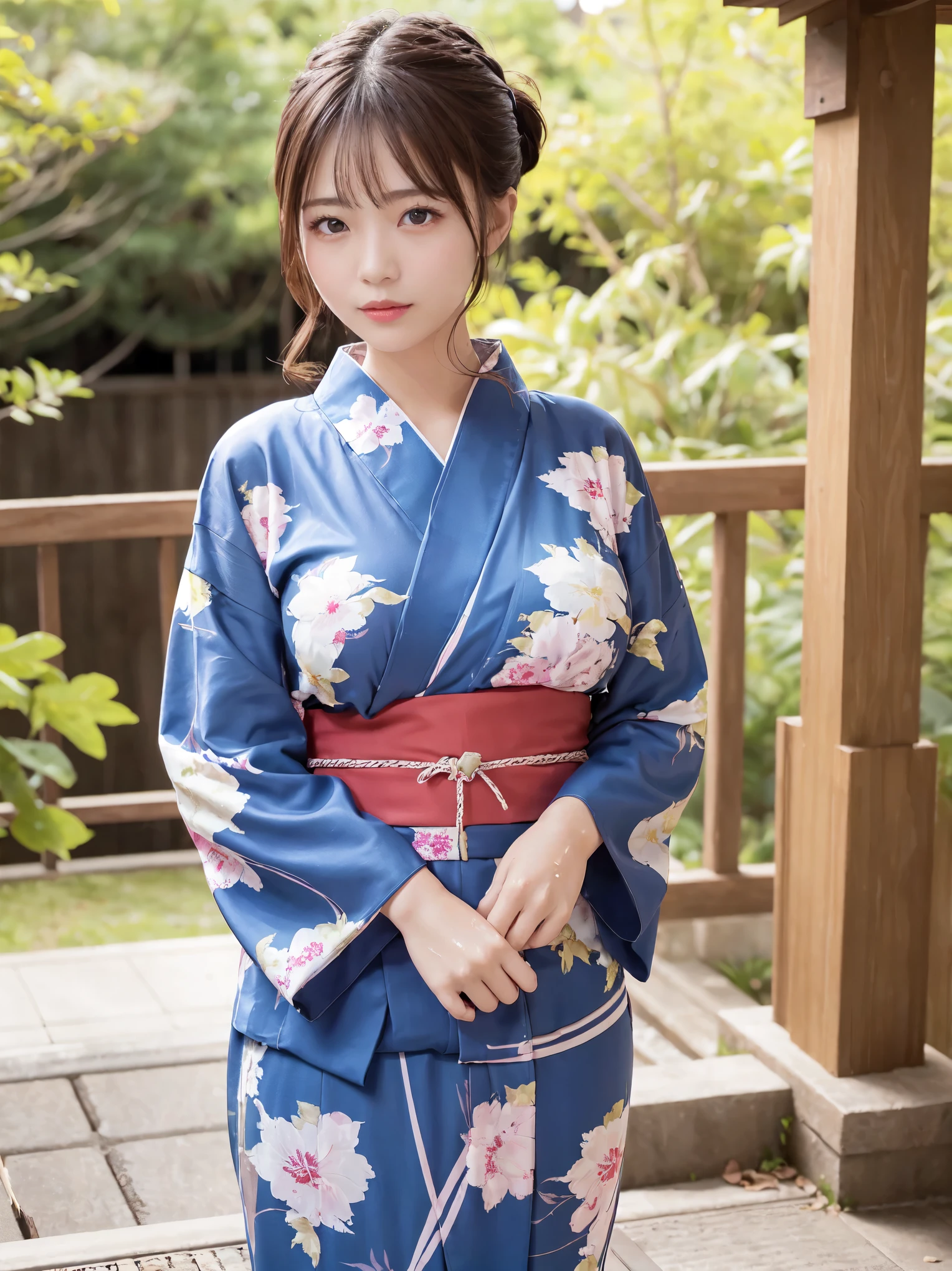 body、Japanese women、very Narrow waist、Narrow waist、((Very large breasts:1.2))、Long Hair、ponytail、Beautiful Eyes、Natural Skin、Ultra Fine Face、Perfect hands、Optimal ratio、Ultra-realistic, ((Long-sleeved yukata))、 8k, Pieces fly, Super Detail, high quality, 最high quality, High resolution、cheeks are bright red、very wet body