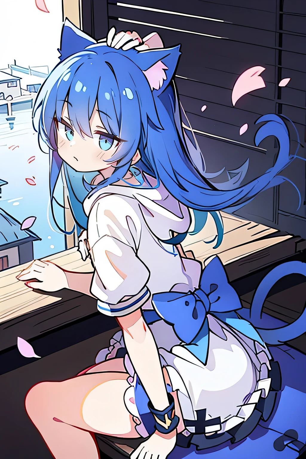 （masterpiece：1.2），Super detailed，lifelike，Expressive eyes，fair skin，perfect face shape，1 girl，
Japanese comics,Gorgeous blue hair,flowing blue hair,flowing clothes,Cat ears,Petals fall,beautiful lola,Baby Angel,
Shaking head with one hand，Cross your legs，Gentle and peaceful background，The pavilion is cool and comfortable,smile, wearing hoodie, background of tokyo,back views,snowing.