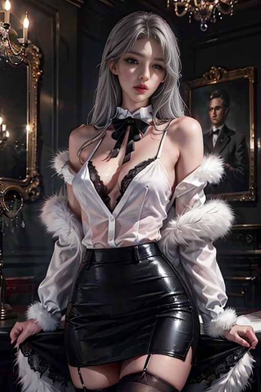 Portrait photo of a girl, Photorealistic, High resolution, 1 Women, Solo, waist-up, Beautiful eyes, Close lips, Detailed face, White hair, Long hair, open front collar shirt,(You can see a black lace bra) Fur coat, Stockings、(woman standing in front of a fur bed)Full Body Angle、((Black lace panties are visible))、