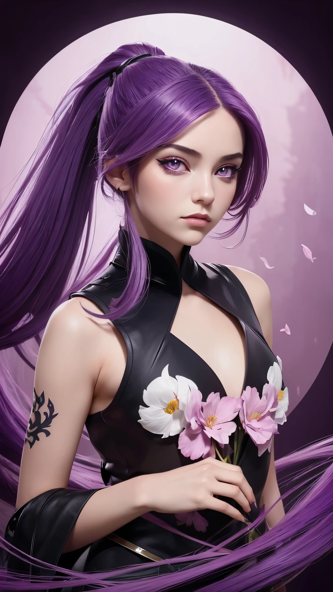 ((Masterpiece, Best Quality)), (Negative Space: 1.2), (1 Girl, Solo: 1.4), Petals, Pink Eyes, Dragon Girl, Long, Purple Hair, High Ponytail, Liquid Hair, Flowers, Dragon Background