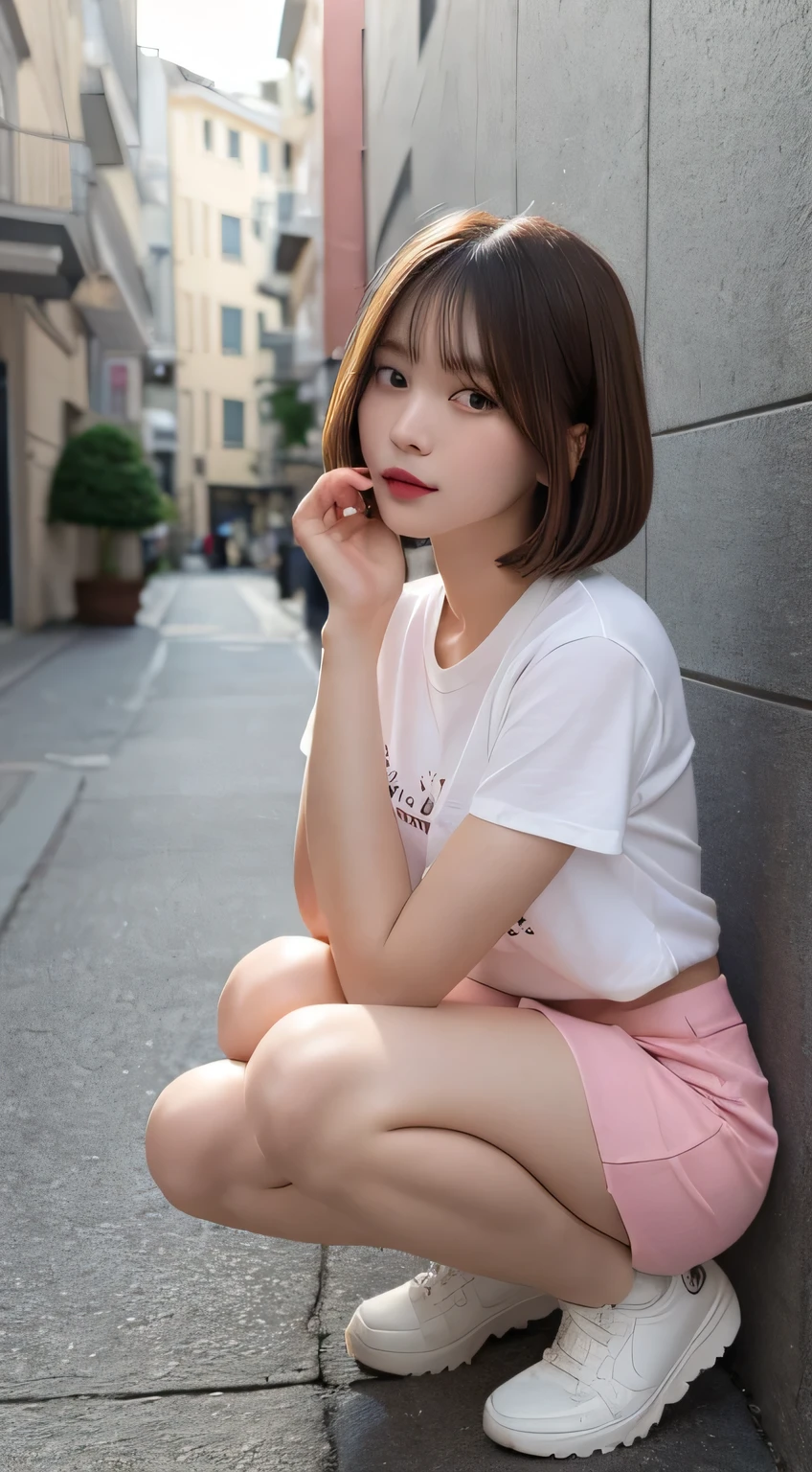 In detail,Full body photo、 High resolution, high quality、Perfect dynamic composition, Beautiful fine details, Blonde、Bobcut、Natural color lip,Kamimei、、1 person、Clear Skin、White shirt、Red mini skirt、Thighs、Shiny Hair、最high quality, figure, Very detailed, In detail, High resolution, 8k、The correct state of the human body、squat、Sculpture model pose,Pink wall