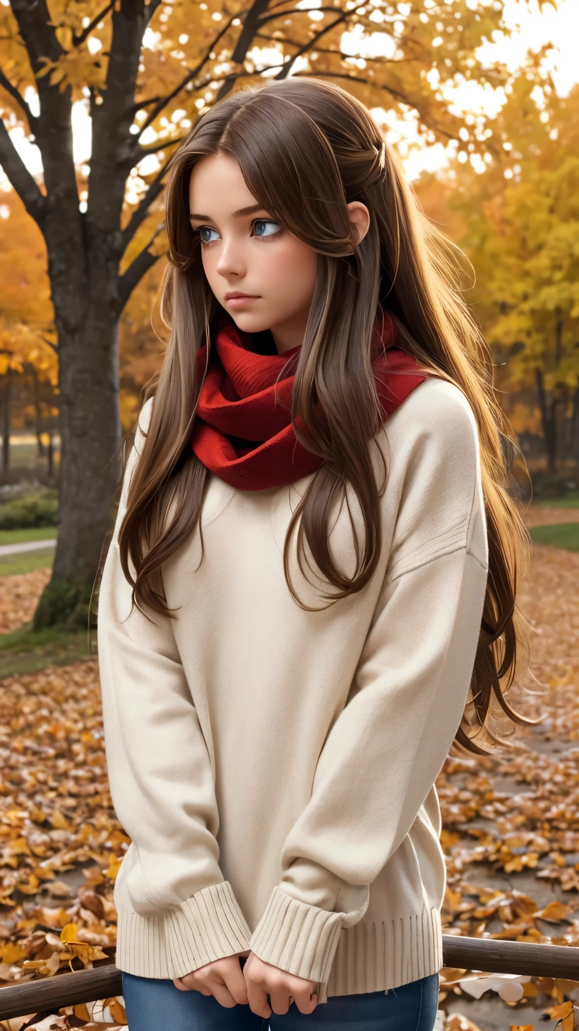 (masterpiece), best quality, ultra-detailed, illustration, warm lighting, soft lighting, bright colors, 1 girl, solo,( beautiful girl, long hair, blue eyes, ribbon, brown hair, hair between eyes, hair ribbon, sidelocks, very long hair, messy hair,) , autumn, many maple tree, maple leaves, golden leaves, fall foliage, Dried leaves, river, crisp air, peace, cool breeze , sweater weather,( wear white or brown sweater, red scarf, Moody fall, Wistful, Melancholy, sad ,worried, Longing,)