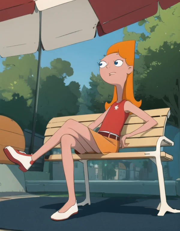 candace_flynn, medium hair, orange hair, dark blue eyes, white skirt, red shirt, white shoes, sleeveless, red socks, red belt, Sitting on a bench, crossed legs, full body view,