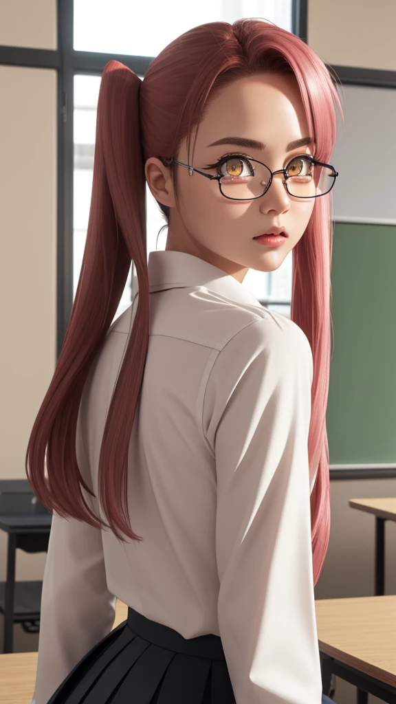 1girl,sayatakagi, saya takagi, long hair, ribbon, twintails, (brown eyes:1.5), hair ribbon, pink hair, glasses,
BREAK skirt, shirt, , white shirt, pleated skirt, collared shirt, sweater, grey skirt, ribbon, red ribbon, black sweater,
BREAK looking at viewer,standing,leaning forward, arms behind back,angry, pov,
BREAK indoors, classroom,
BREAK (masterpiece:1.2), best quality, high resolution, unity 8k wallpaper, (illustration:0.8), (beautiful detailed eyes:1.6), extremely detailed face, perfect lighting, extremely detailed CG, (perfect hands, perfect anatomy),