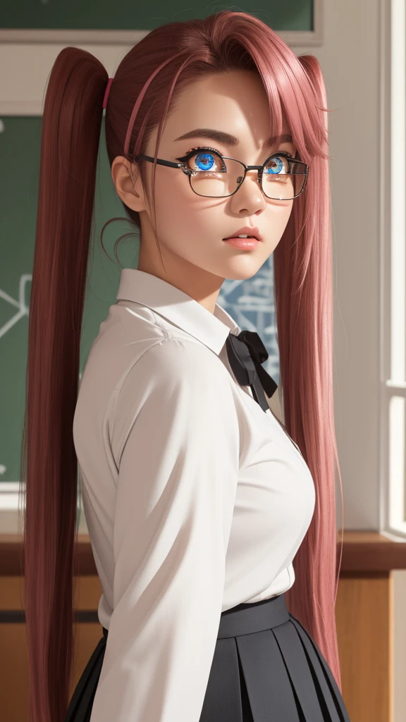 1girl,sayatakagi, saya takagi, long hair, ribbon, twintails, (brown eyes:1.5), hair ribbon, pink hair, glasses,
BREAK skirt, shirt, , white shirt, pleated skirt, collared shirt, sweater, grey skirt, ribbon, red ribbon, black sweater,
BREAK looking at viewer,standing,leaning forward, arms behind back,angry, pov,
BREAK indoors, classroom,
BREAK (masterpiece:1.2), best quality, high resolution, unity 8k wallpaper, (illustration:0.8), (beautiful detailed eyes:1.6), extremely detailed face, perfect lighting, extremely detailed CG, (perfect hands, perfect anatomy),