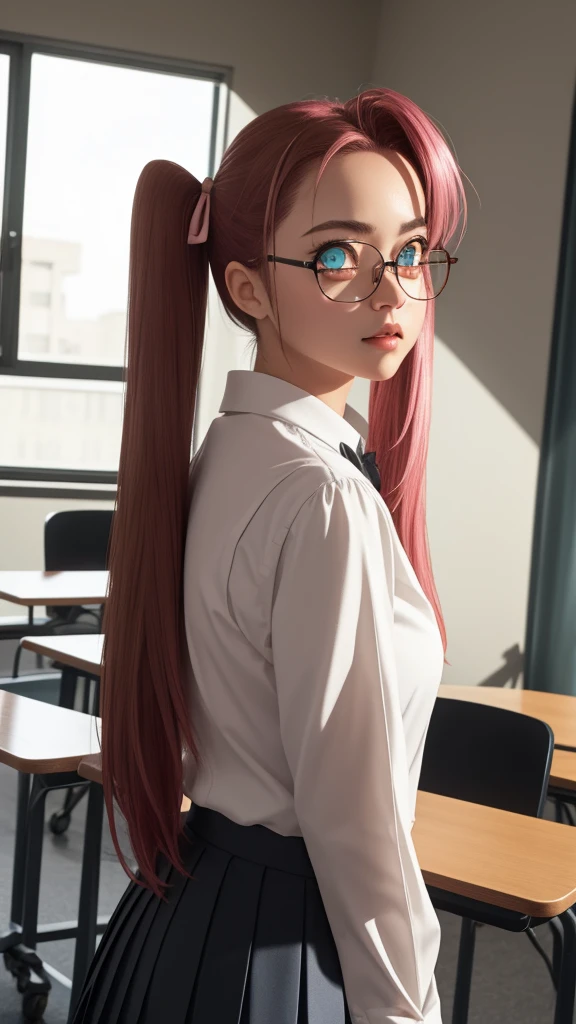 1girl,sayatakagi, saya takagi, long hair, ribbon, twintails, (brown eyes:1.5), hair ribbon, pink hair, glasses,
BREAK skirt, shirt, , white shirt, pleated skirt, collared shirt, sweater, grey skirt, ribbon, red ribbon, black sweater,
BREAK looking at viewer,standing,leaning forward, arms behind back,angry, pov,
BREAK indoors, classroom,
BREAK (masterpiece:1.2), best quality, high resolution, unity 8k wallpaper, (illustration:0.8), (beautiful detailed eyes:1.6), extremely detailed face, perfect lighting, extremely detailed CG, (perfect hands, perfect anatomy),