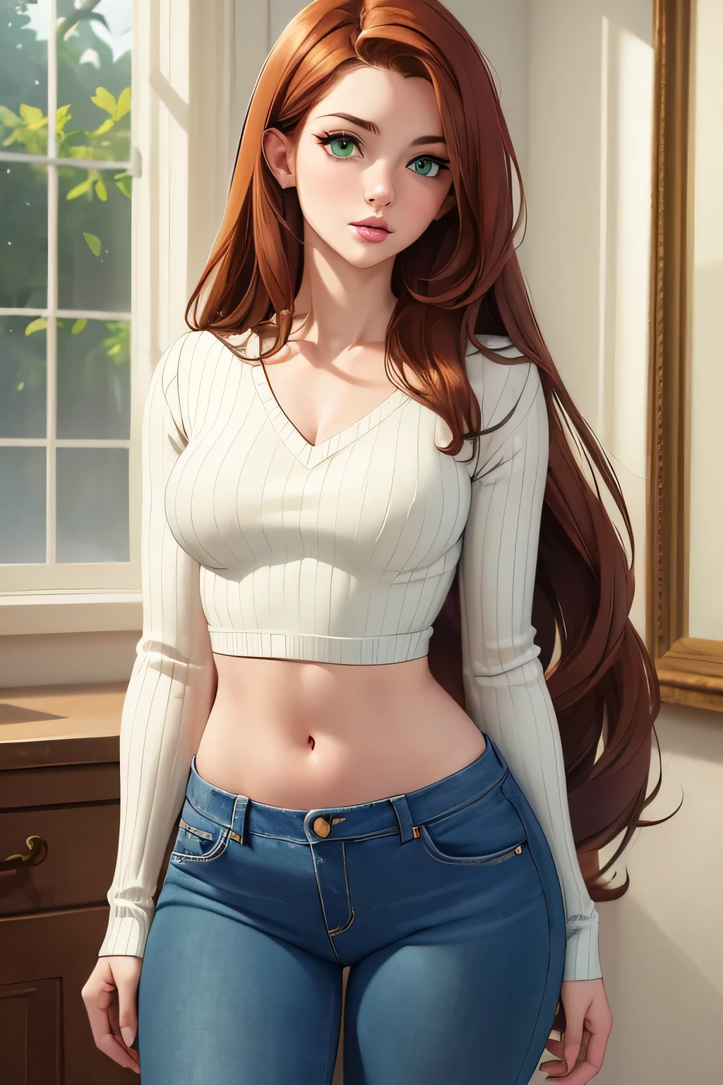 ((Masterpiece)) ((Portrait)) ((Young Woman)) ((Beautiful)) (((Small Breasts))) ((Thick Thighs)) (Auburn Hair)) ((Long Hair)) ((Green Eyes)) ((Pale Skin)) ((Tight Jeans)) ((v neck sweater, crop top)) ((Full lips)) ((hooked nose))