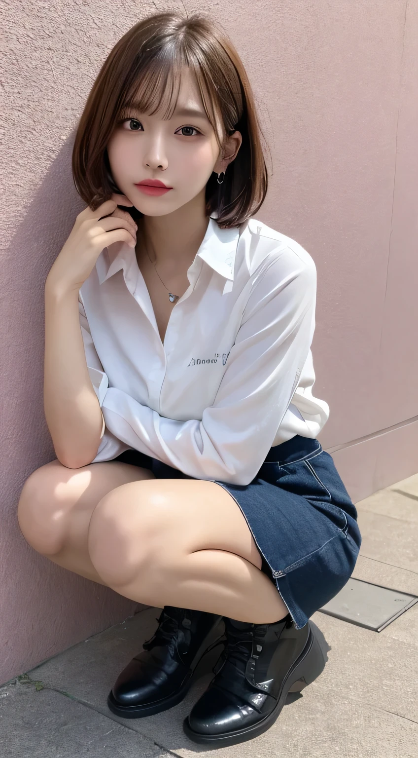 In detail,Full body photo、 High resolution, high quality、Perfect dynamic composition, Beautiful fine details, Blonde、Bobcut、Natural color lip,Kamimei、-yeld gi1 person、Clear Skin、White open front shirt、Red mini skirt、Thighs、Shiny Hair、最high quality, figure, Very detailed, In detail, High resolution, 8k、The correct state of the human body、squat、Sculpture model pose,Pink wall