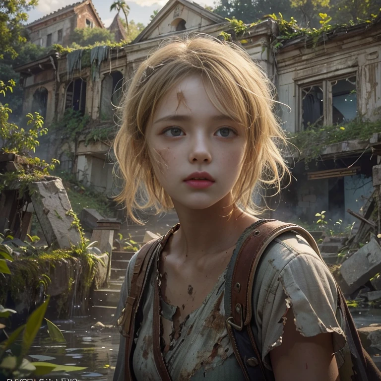 (masterpiece, best quality, 1 girl, solo) Amid the ruins of a zombie apocalypse, a beautiful american golden blonde teenage survivor, ( half body shot, many freckles on face, slim skinny body, short messy sidecut hair, hazel-greenish eyes), weary yet unbowed, discovers a secret sanctuary village, a beacon of hope in a world ravaged by despair. Her journey, fraught with danger and loss, leads her to this hidden haven, where the promise of safety and a new beginning awaits. Surrounded by nature's resurgence, the sanctuary stands as a lush oasis amidst desolation, its very existence a testament to resilience and the enduring spirit of humanity. As she crosses the threshold, her relief is palpable, her face alight with the dawning realization that even in the darkest times, hope can find a way to flourish. This moment captures the essence of hope's triumph over adversity, a poignant reminder that in the fight for survival, the human spirit remains unconquerable, 16K, ultra high res.photorealistic, UHD, RAW, a sanctuary village in the background, perfect face.