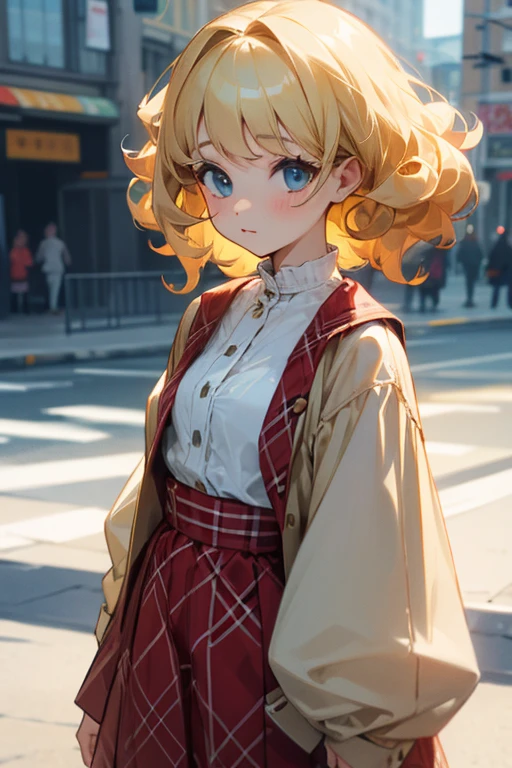 Caucasian girl with blonde curly hair, Cute clothes、Checked clothes、